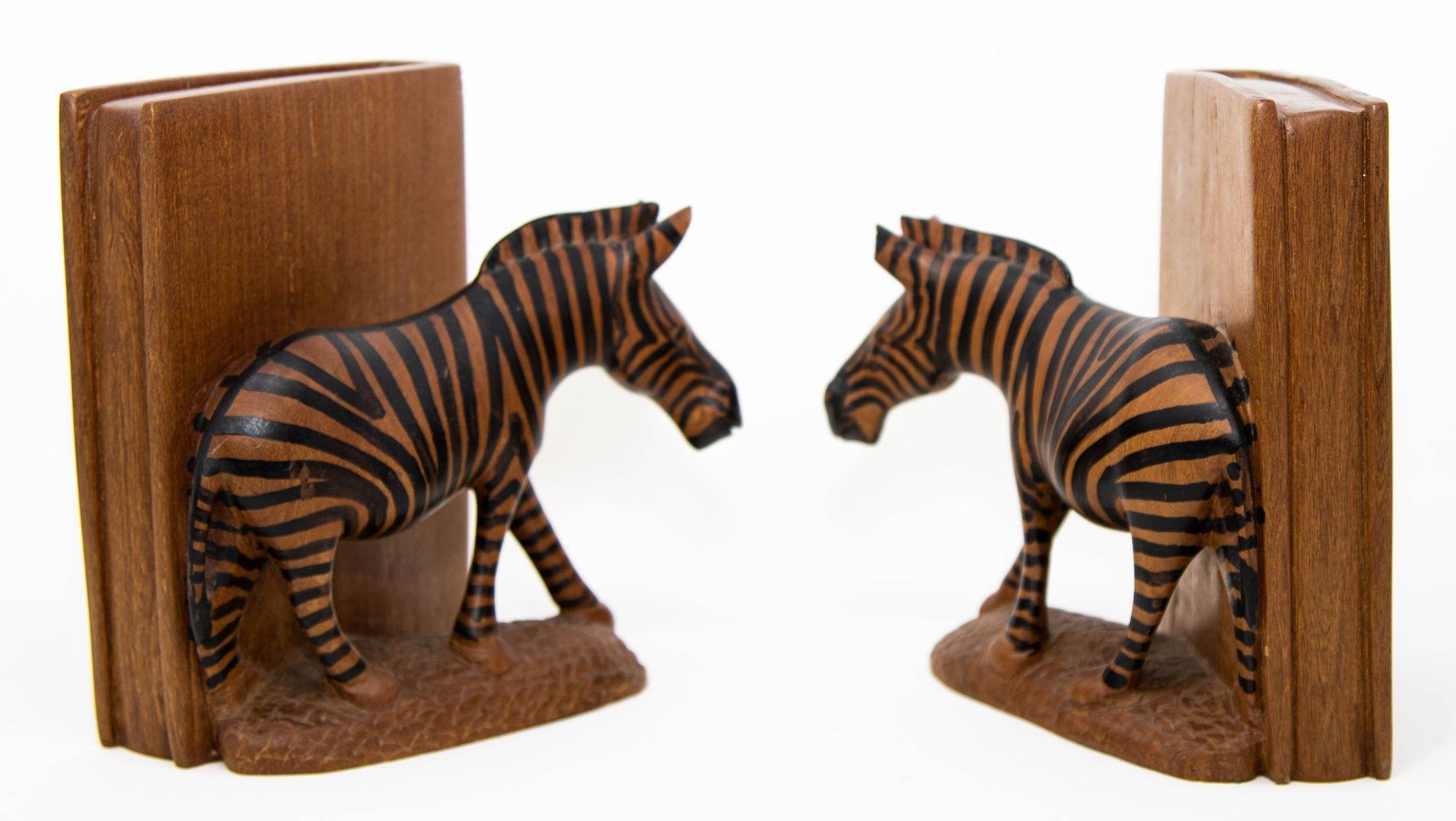 Hand Carved Wood Safari African Zebra Bookends Kenya 1950 1