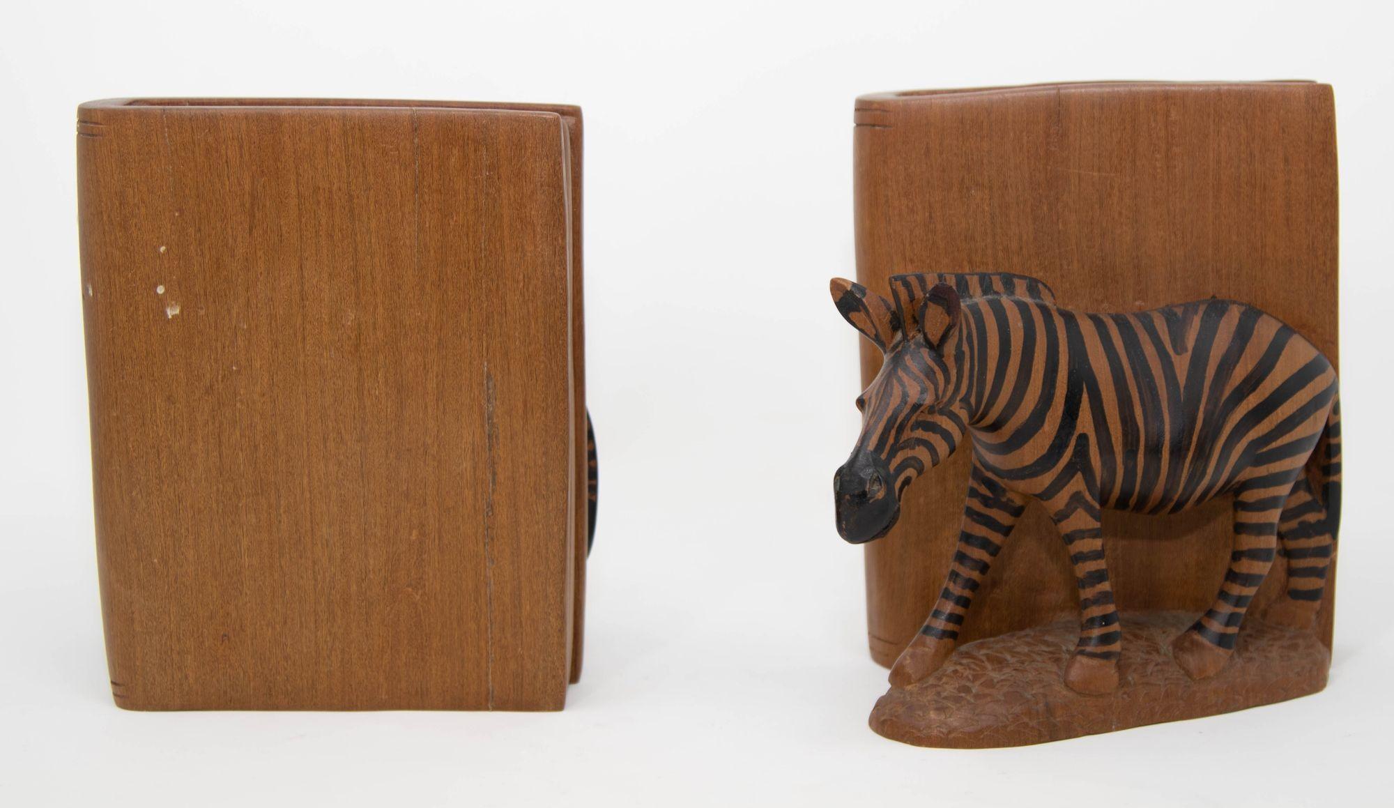 Hand Carved Wood Safari African Zebra Bookends Kenya 1950 2