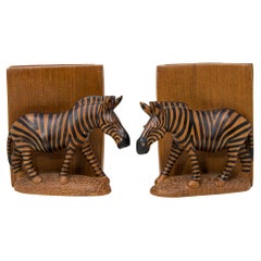 Hand Carved Wood Safari African Zebra Bookends Kenya 1950