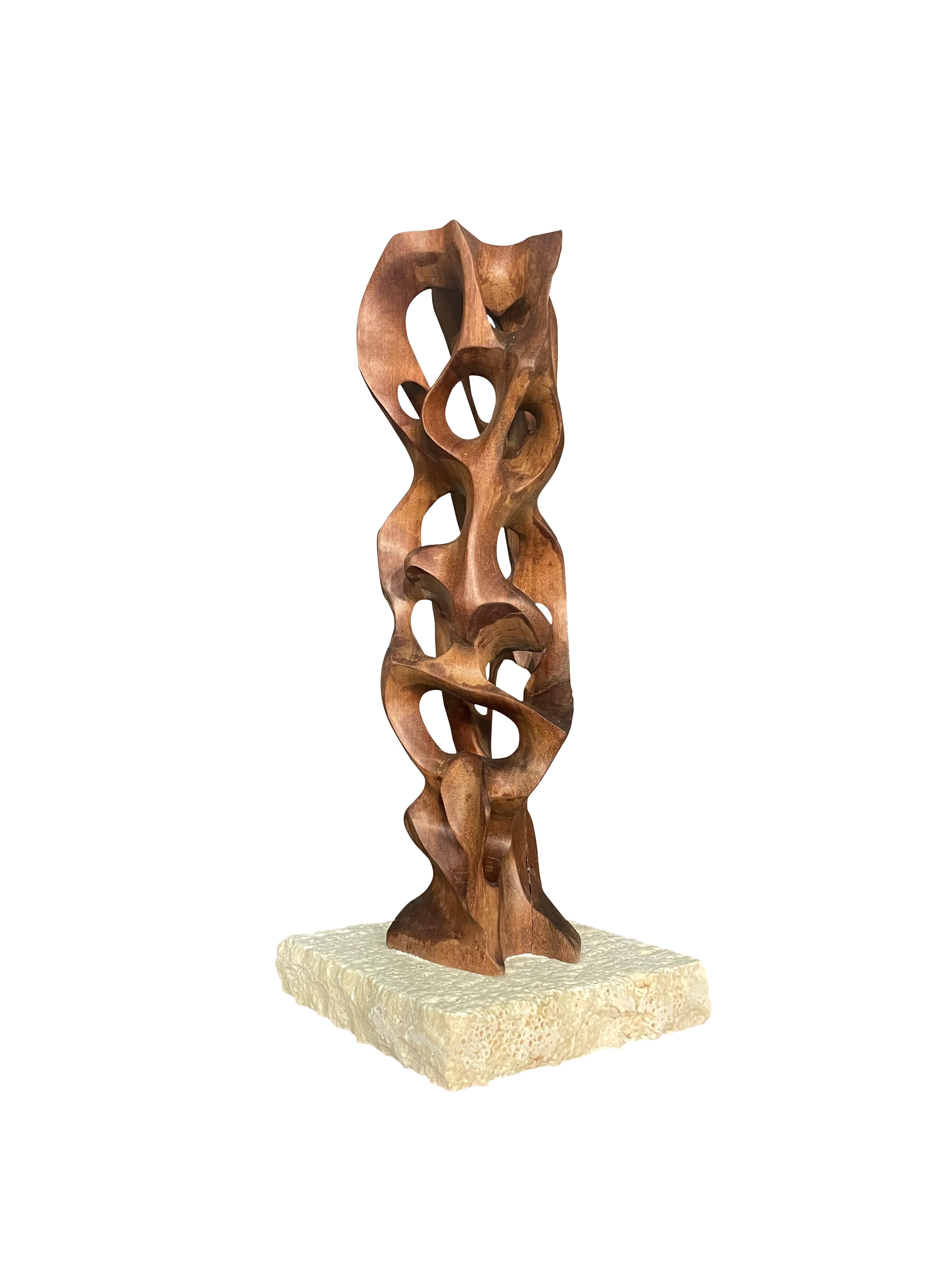 Contemporary Italian hand carved wood sculpture on travertine base.
Smooth finish.
Base measures 6
