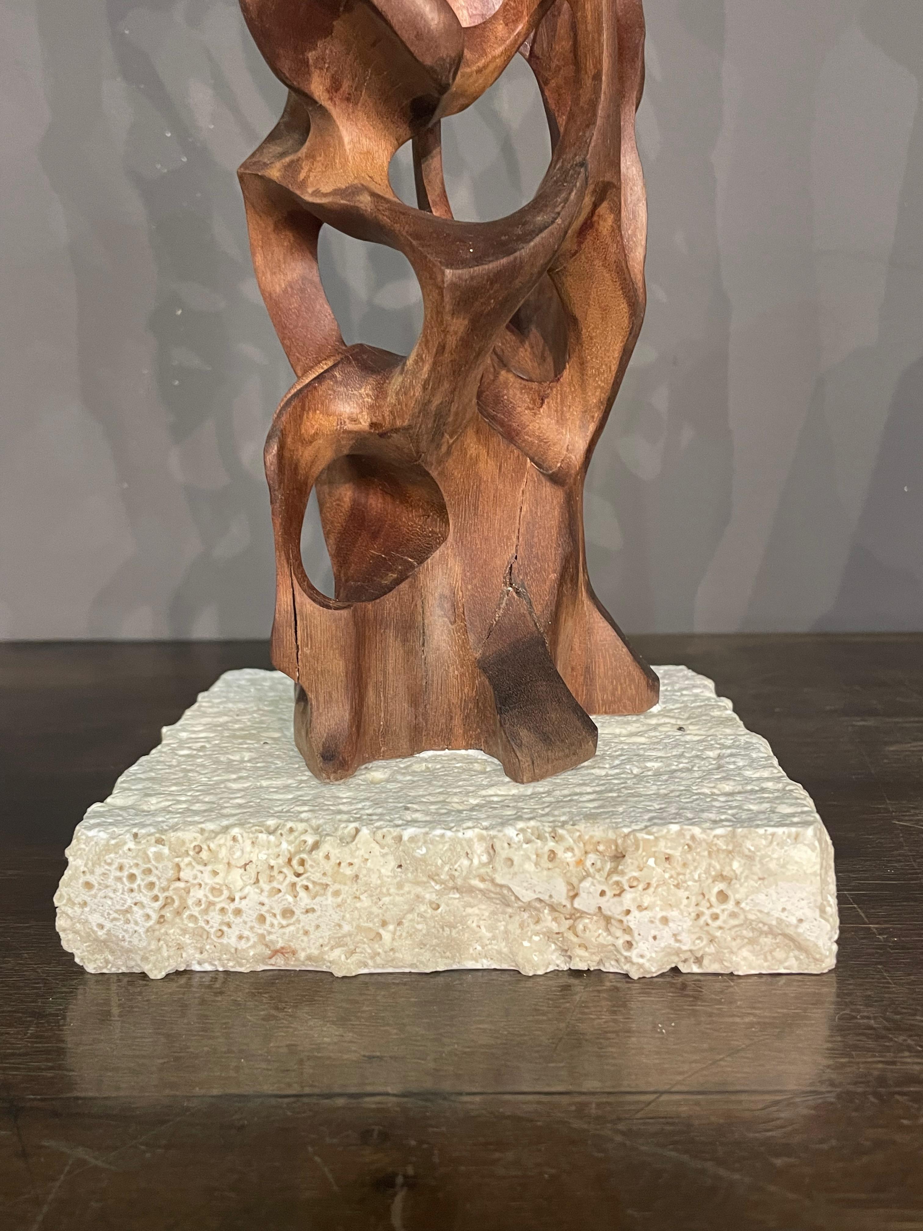 Hand-Carved Hand Carved Wood Sculpture On Travertine Base, Italy, Contemporary For Sale
