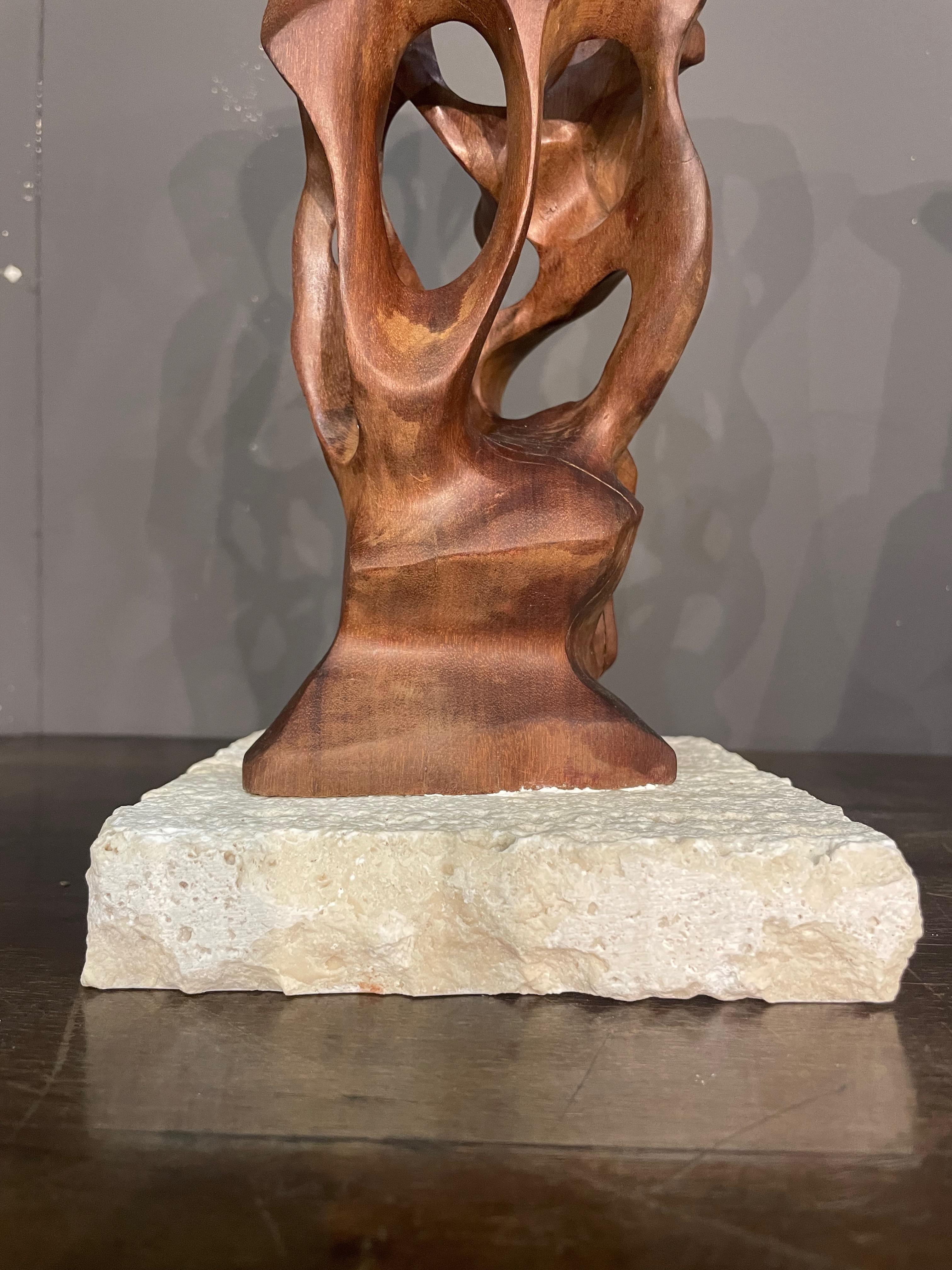 Hand Carved Wood Sculpture On Travertine Base, Italy, Contemporary In New Condition For Sale In New York, NY