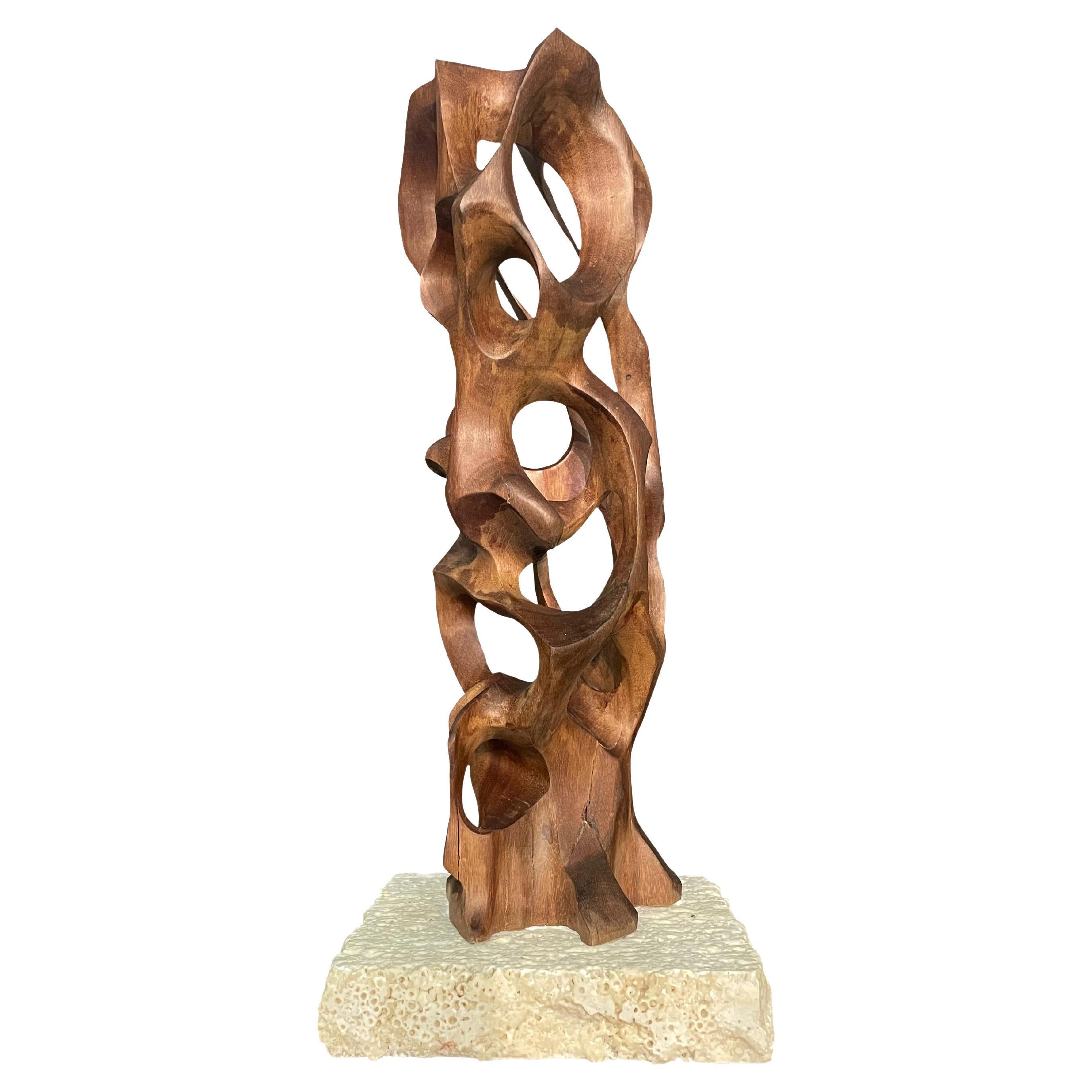 Hand Carved Wood Sculpture On Travertine Base, Italy, Contemporary For Sale