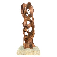 Hand Carved Wood Sculpture On Travertine Base, Italy, Contemporary