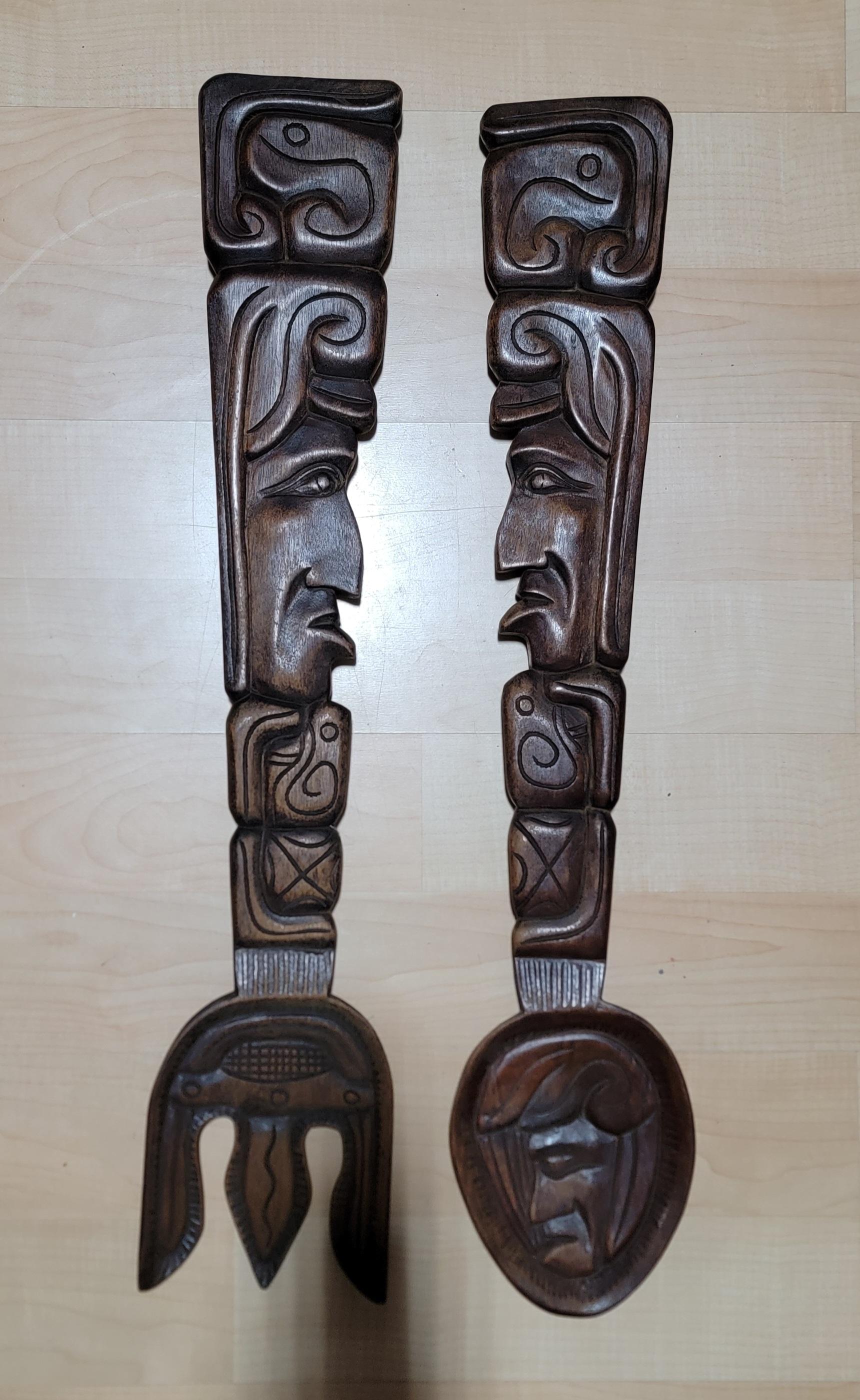 Hardwood Hand Carved Wood Spoon & Fork For Sale