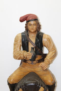 Solid Wood Carved Sculpture of Traveler on Wine/Beer Barrel