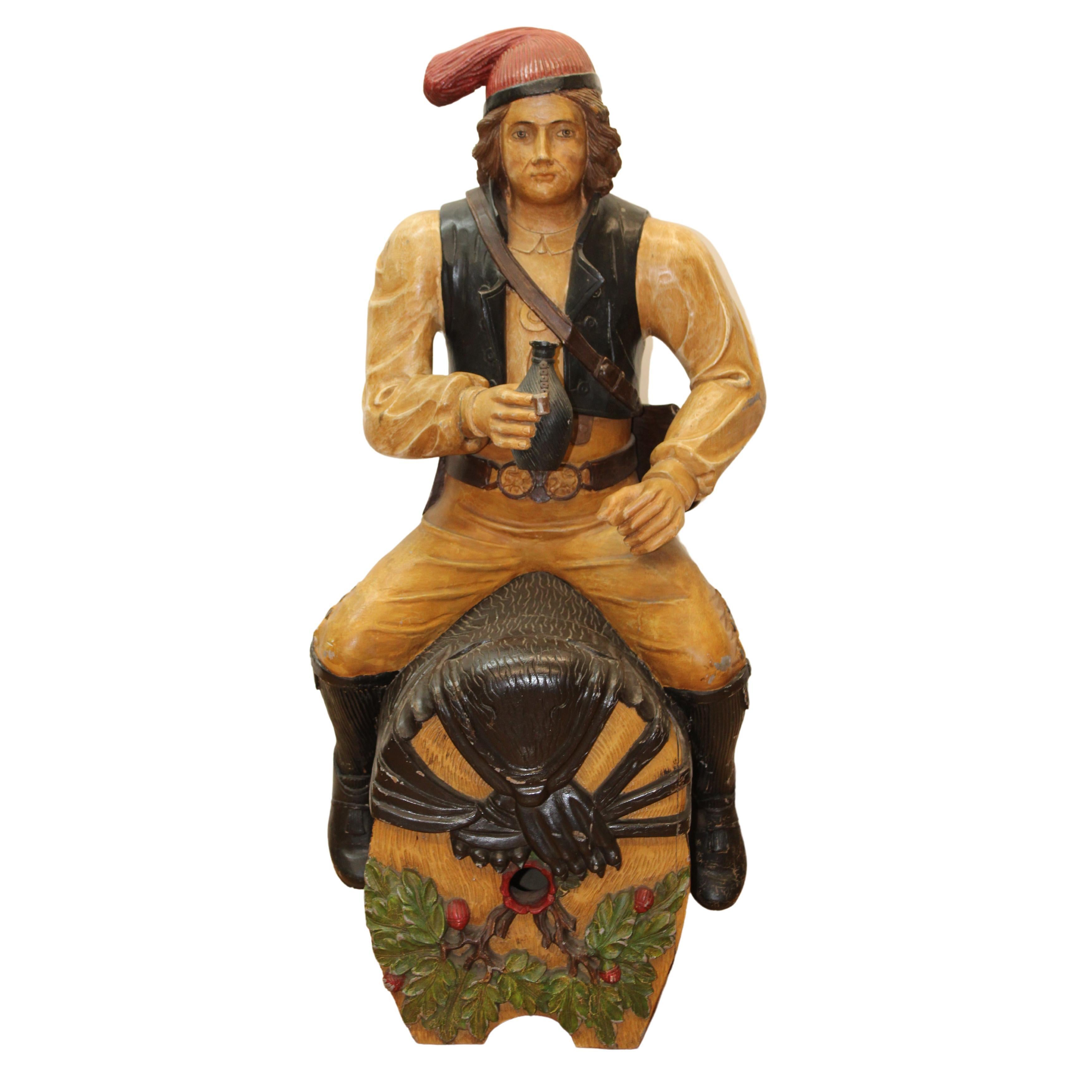 Folk Art Carved Sailor on Wine Barrel For Sale