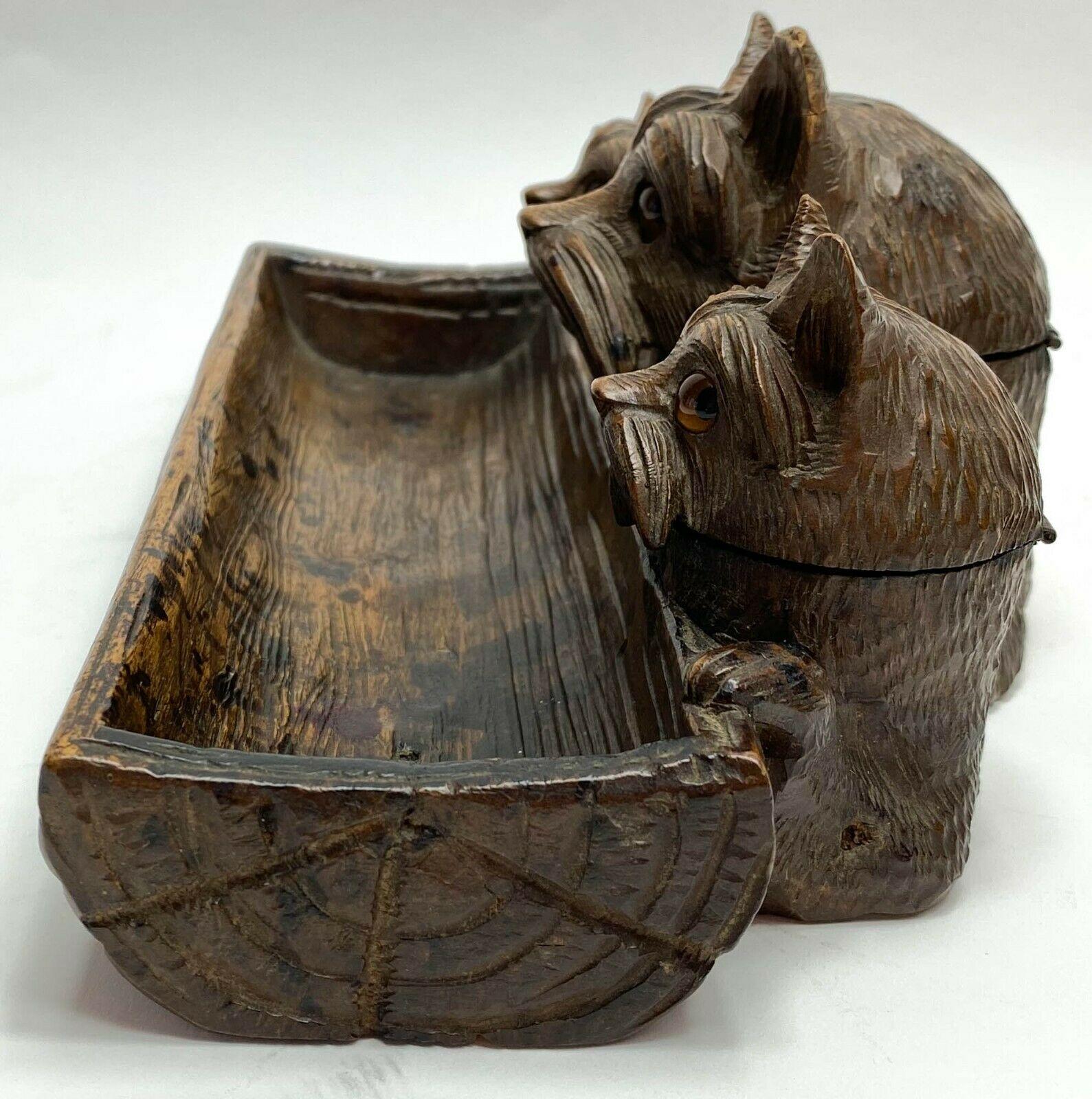 Hand-Carved Hand Carved Wood Terrier Dog Pen Tray Ink Well Ink Stand Early 20th Century For Sale