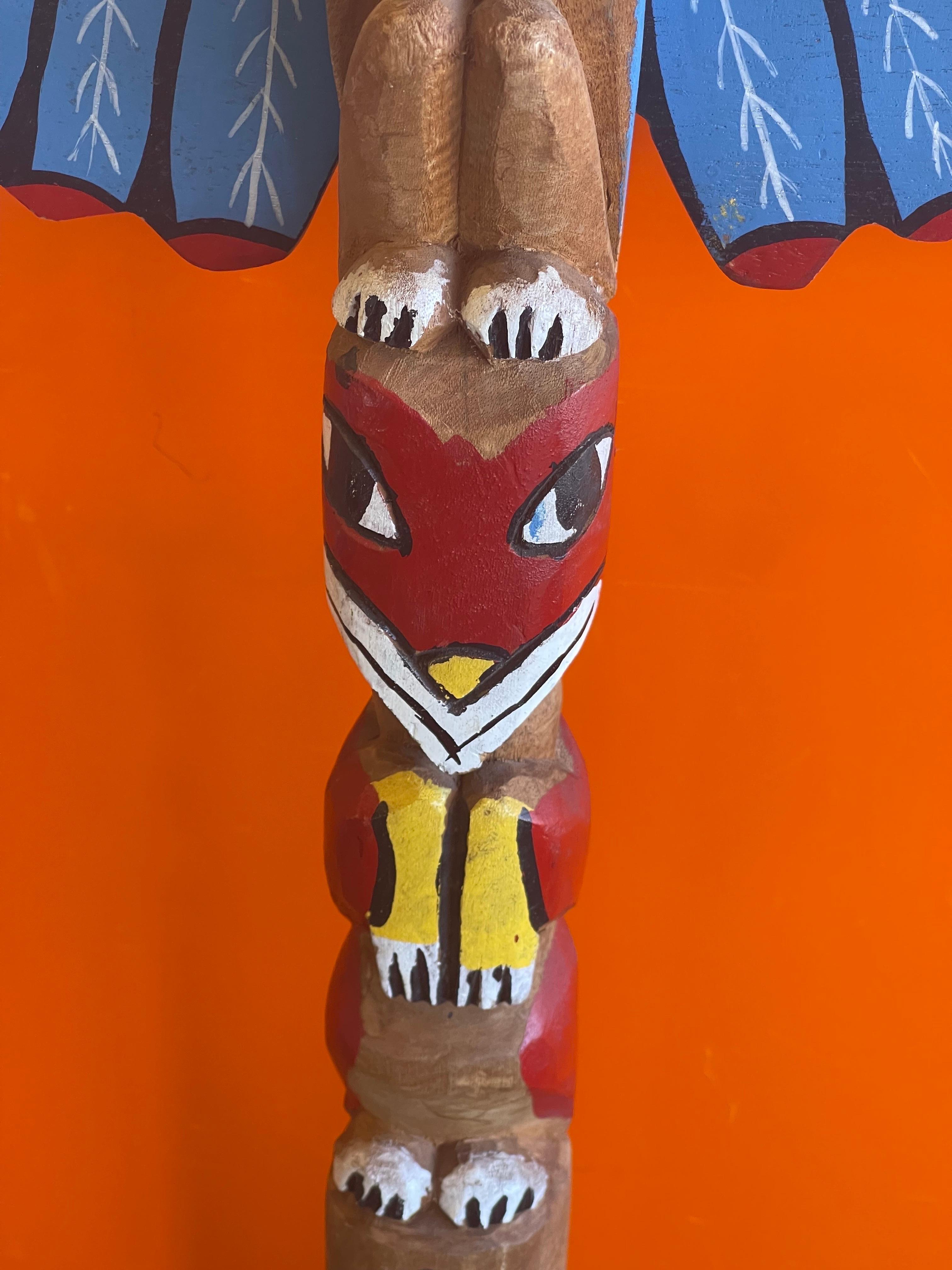 Hand Carved Wood Totem Pole In Good Condition For Sale In San Diego, CA