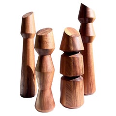 Retro Hand Carved Wood Totem Sculptures - Set of 4