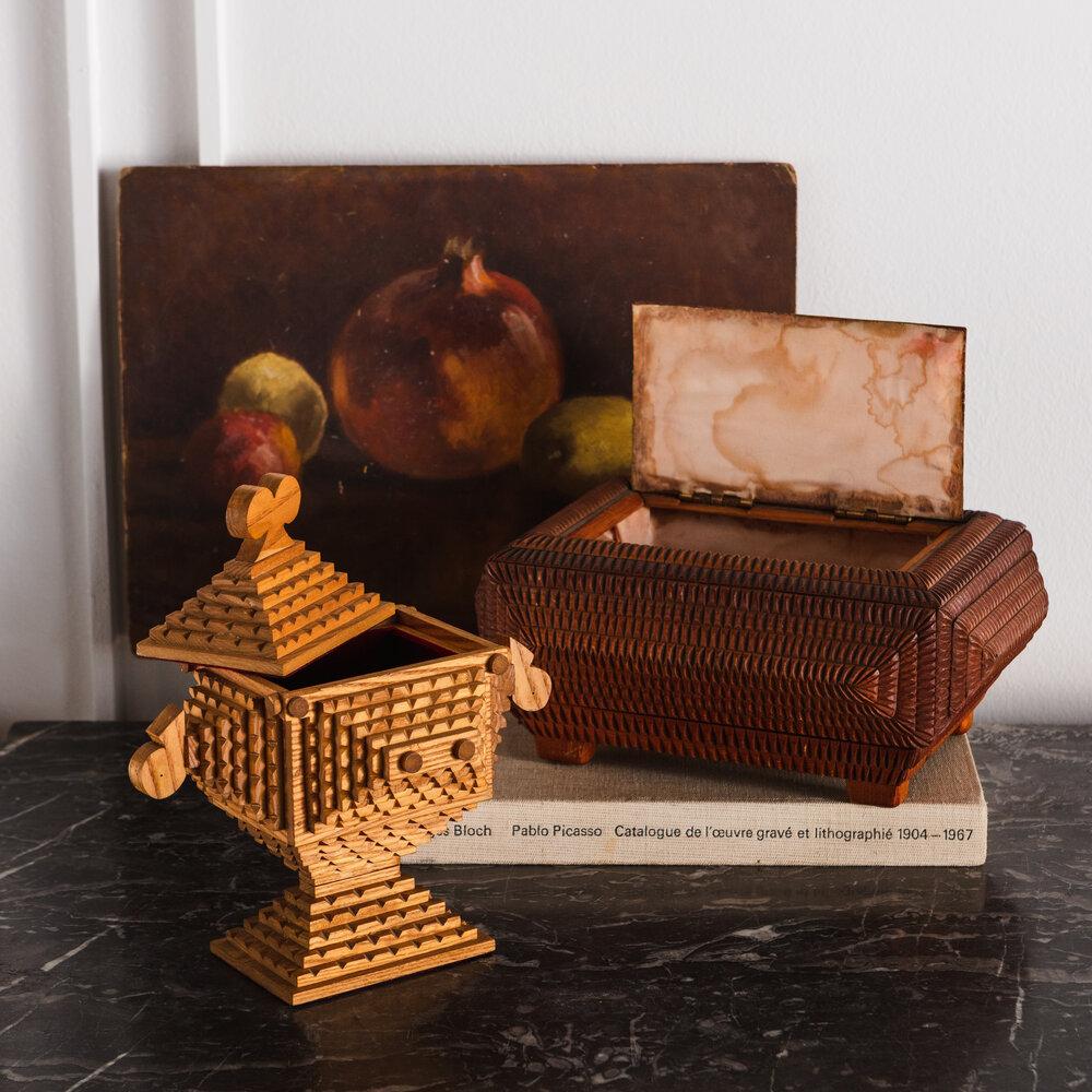Hand Carved Wood Tramp Folk Art Lidded Pedestal Box  1