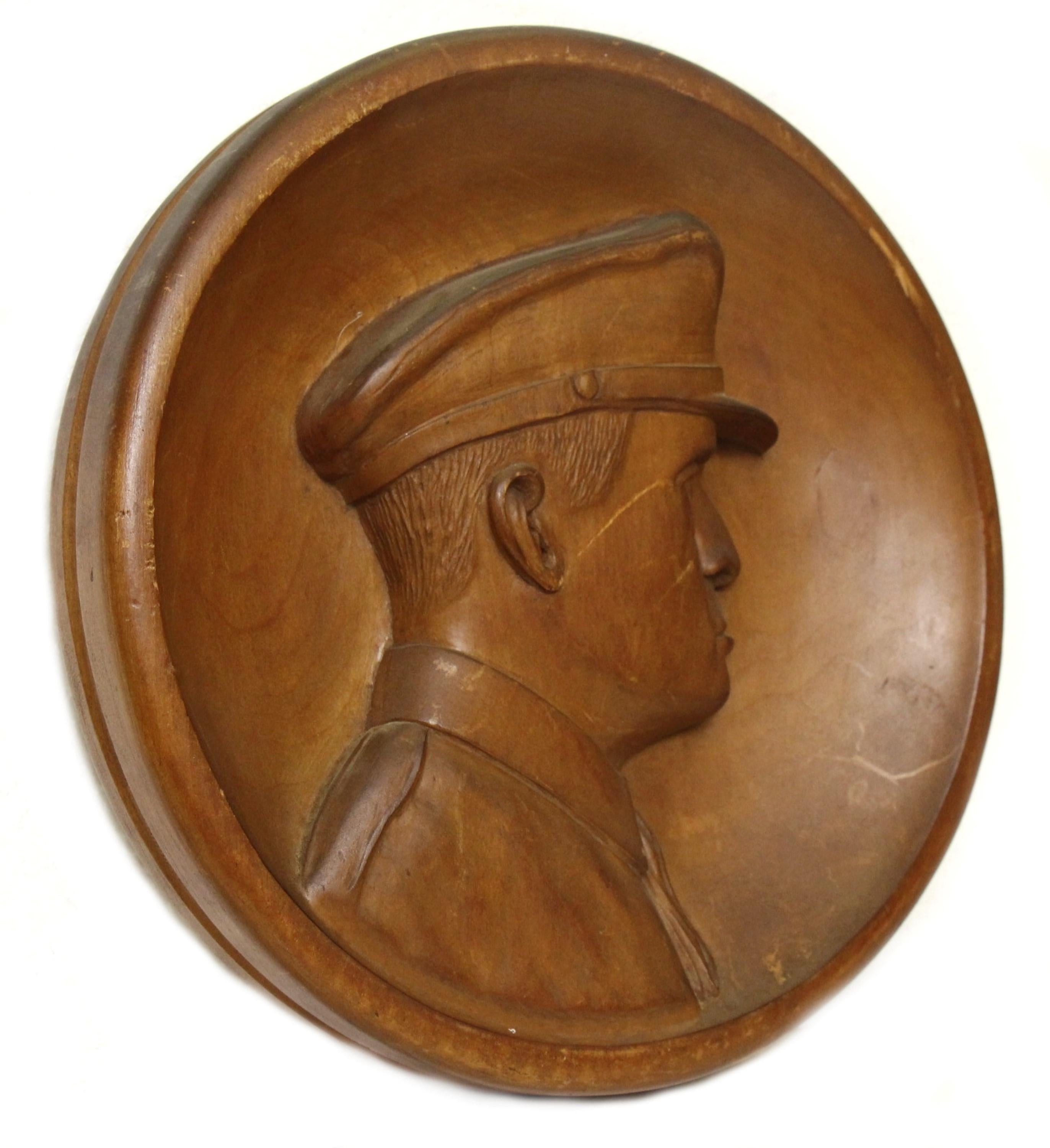 American Hand Carved Wood Wall Plaque of General MacArthur For Sale