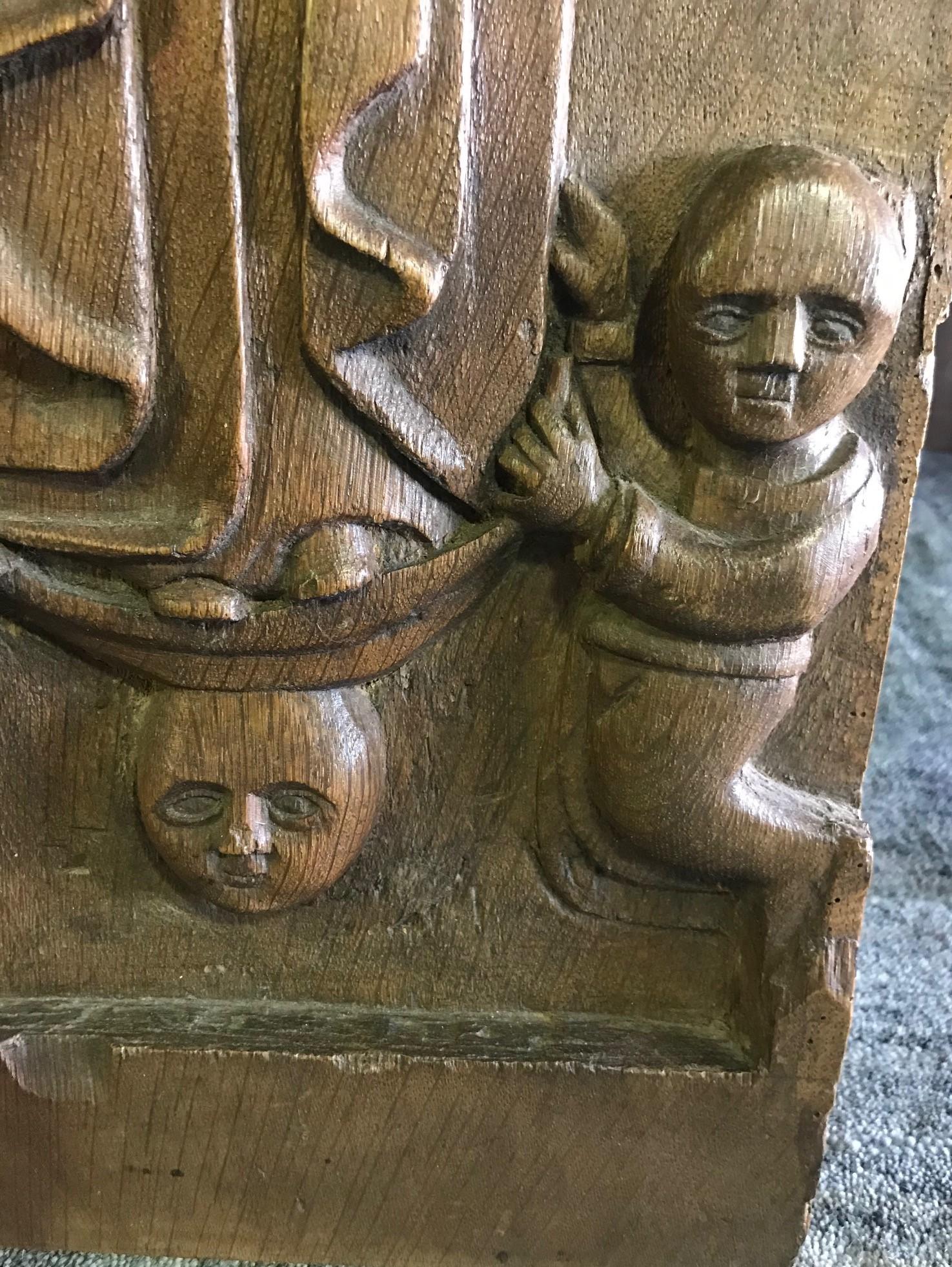 Hand Carved Wood Wall Relief Plaque Panel Religious Figures, 18th-19th Century In Good Condition For Sale In Studio City, CA