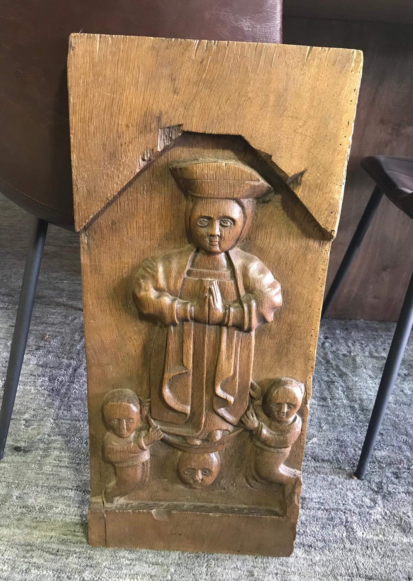 Hand Carved Wood Wall Relief Plaque Panel Religious Figures, 18th-19th Century For Sale 3
