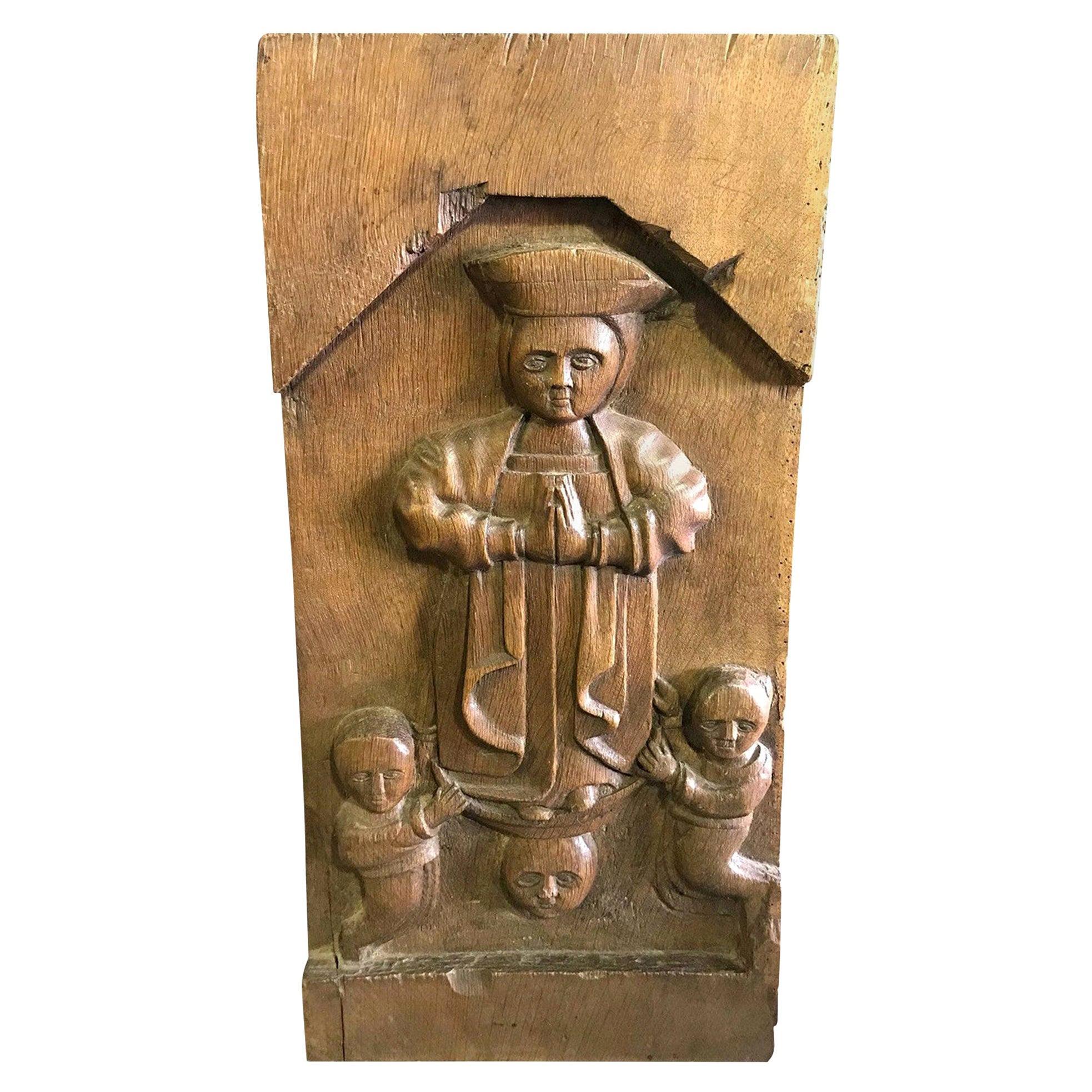 Hand Carved Wood Wall Relief Plaque Panel of Religious Figures, 19th Century
