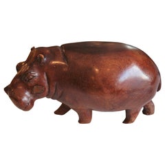 Hand Carved Wooden African Hippopotamus Sculpture