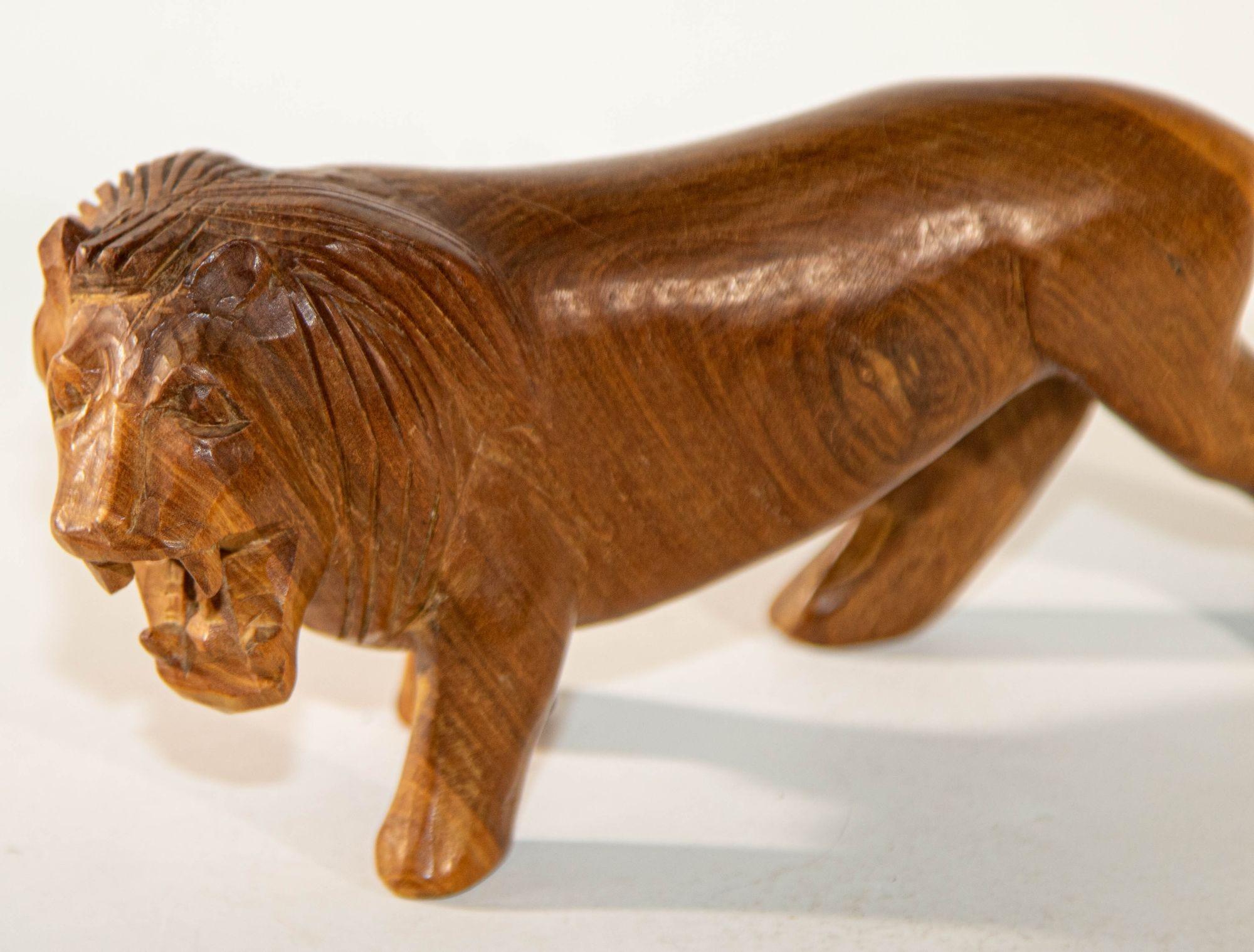 Folk Art Hand Carved Wooden African Lion Figurine Kenya, 1970s