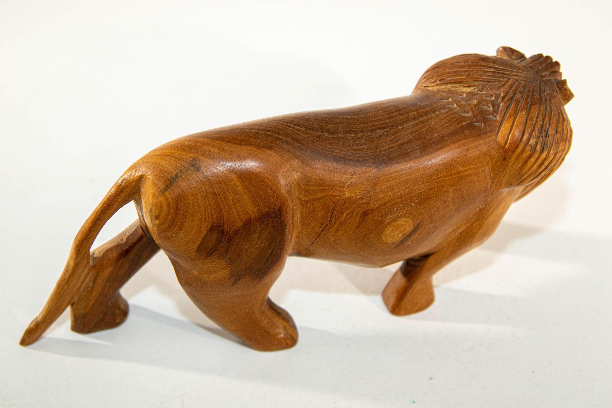 Hand-Crafted Hand Carved Wooden African Lion Figurine Kenya, 1970s