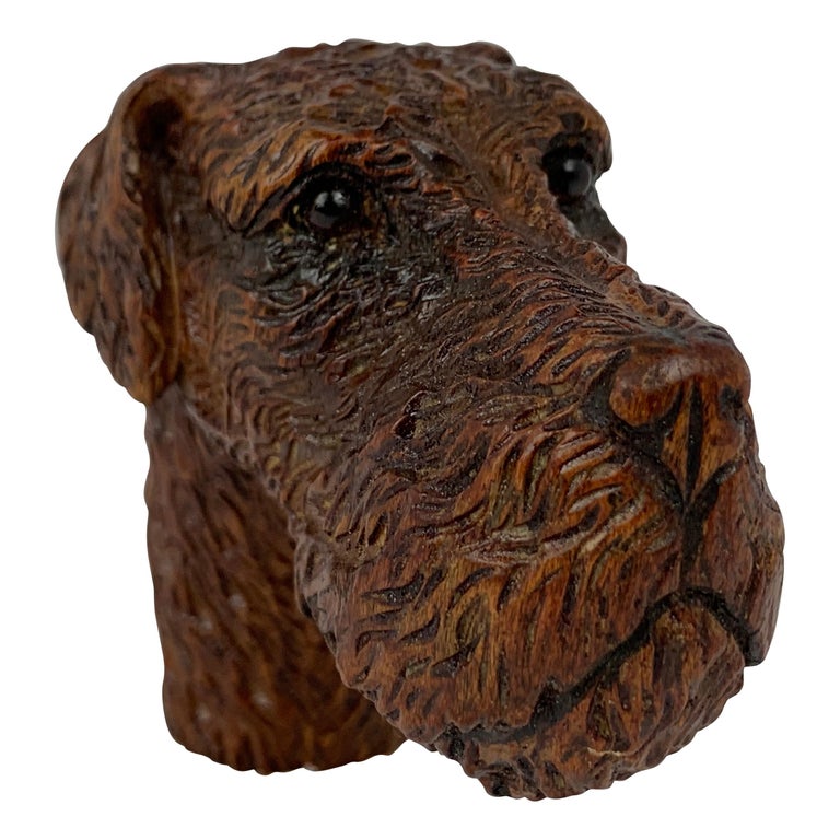 Airedale Terrier with Glass Eyes- Hand Carved Cane Topper