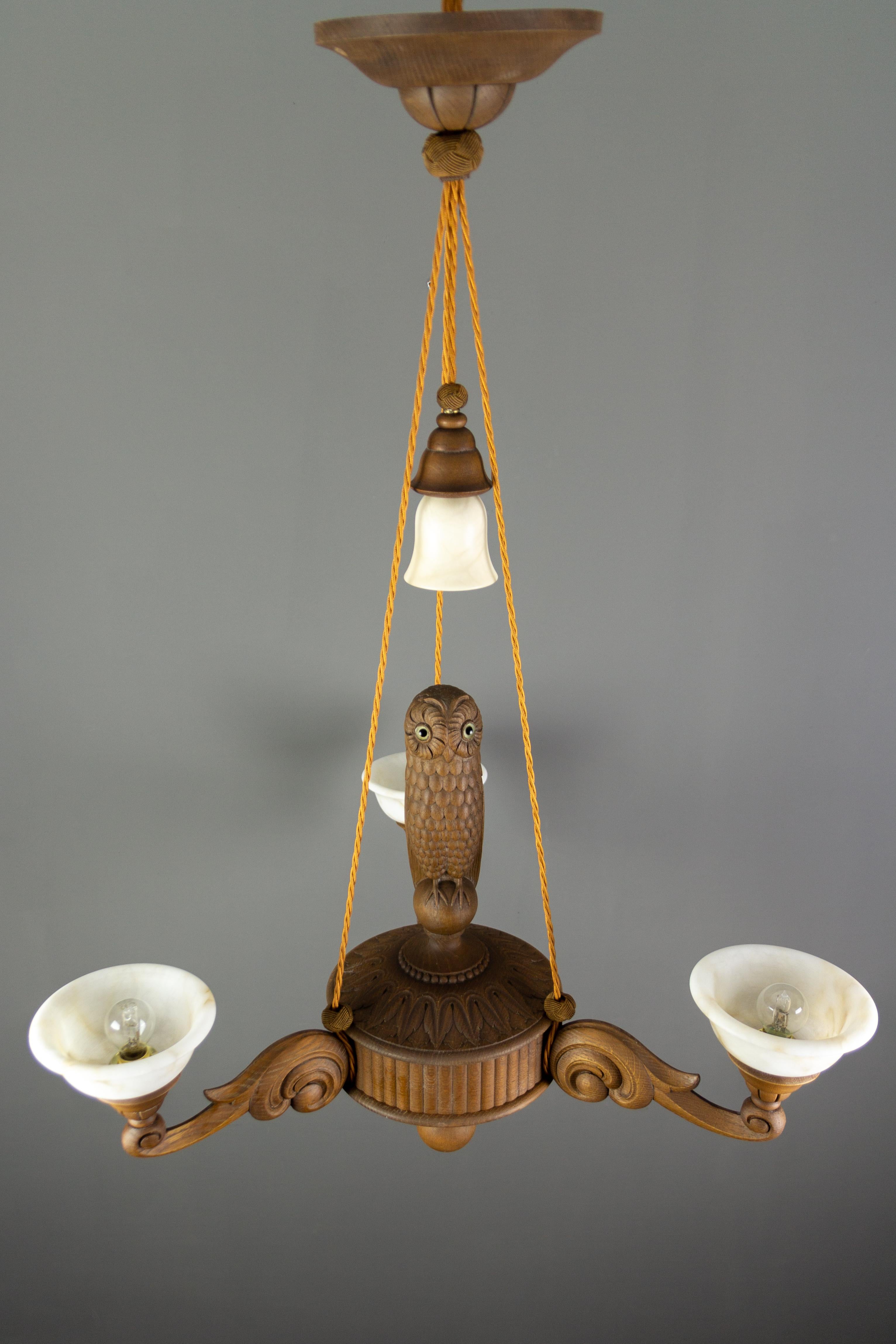 Hand Carved Wooden and Alabaster Four-Light Chandelier with Owl Figure, Germany 3