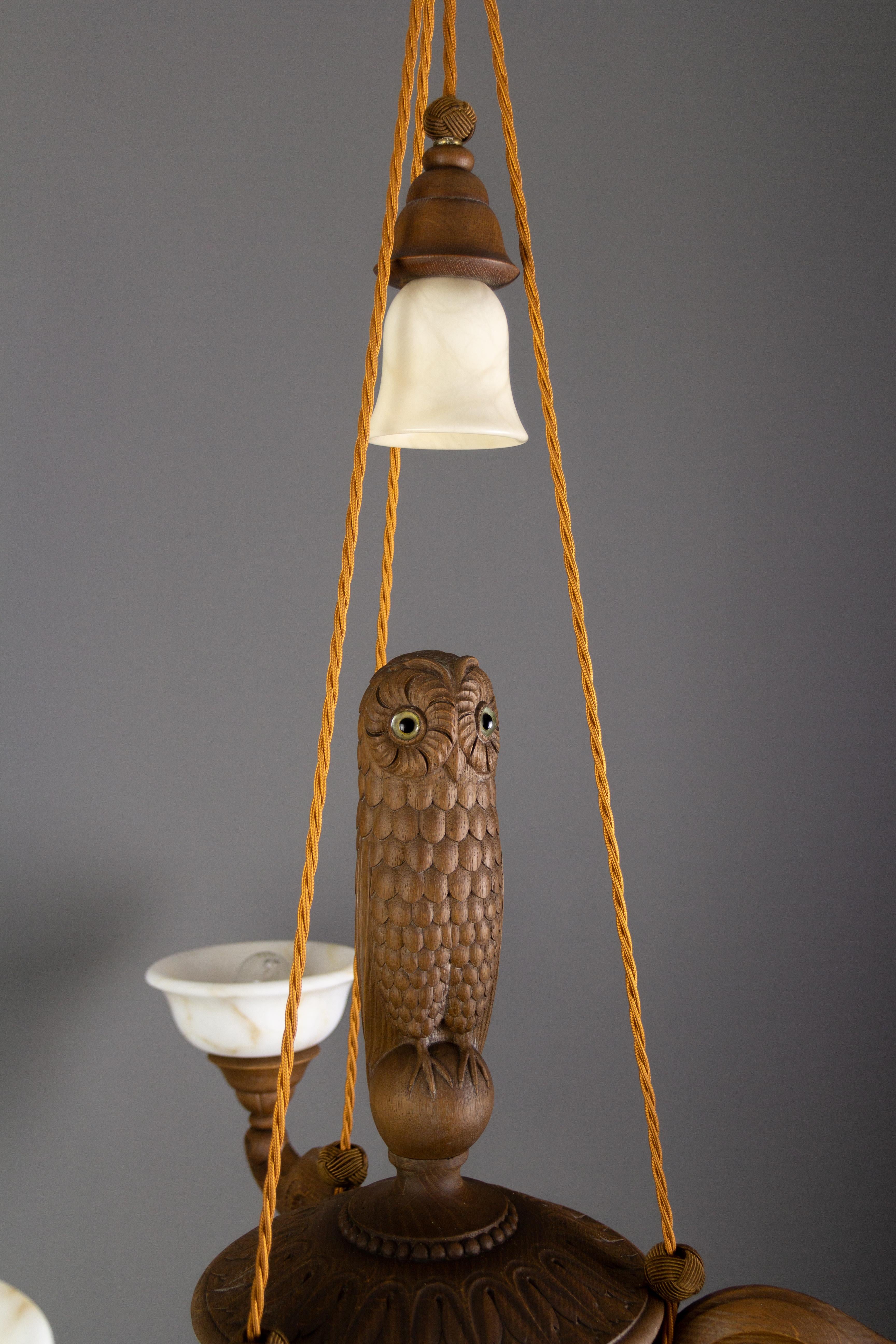 Hand Carved Wooden and Alabaster Four-Light Chandelier with Owl Figure, Germany 4