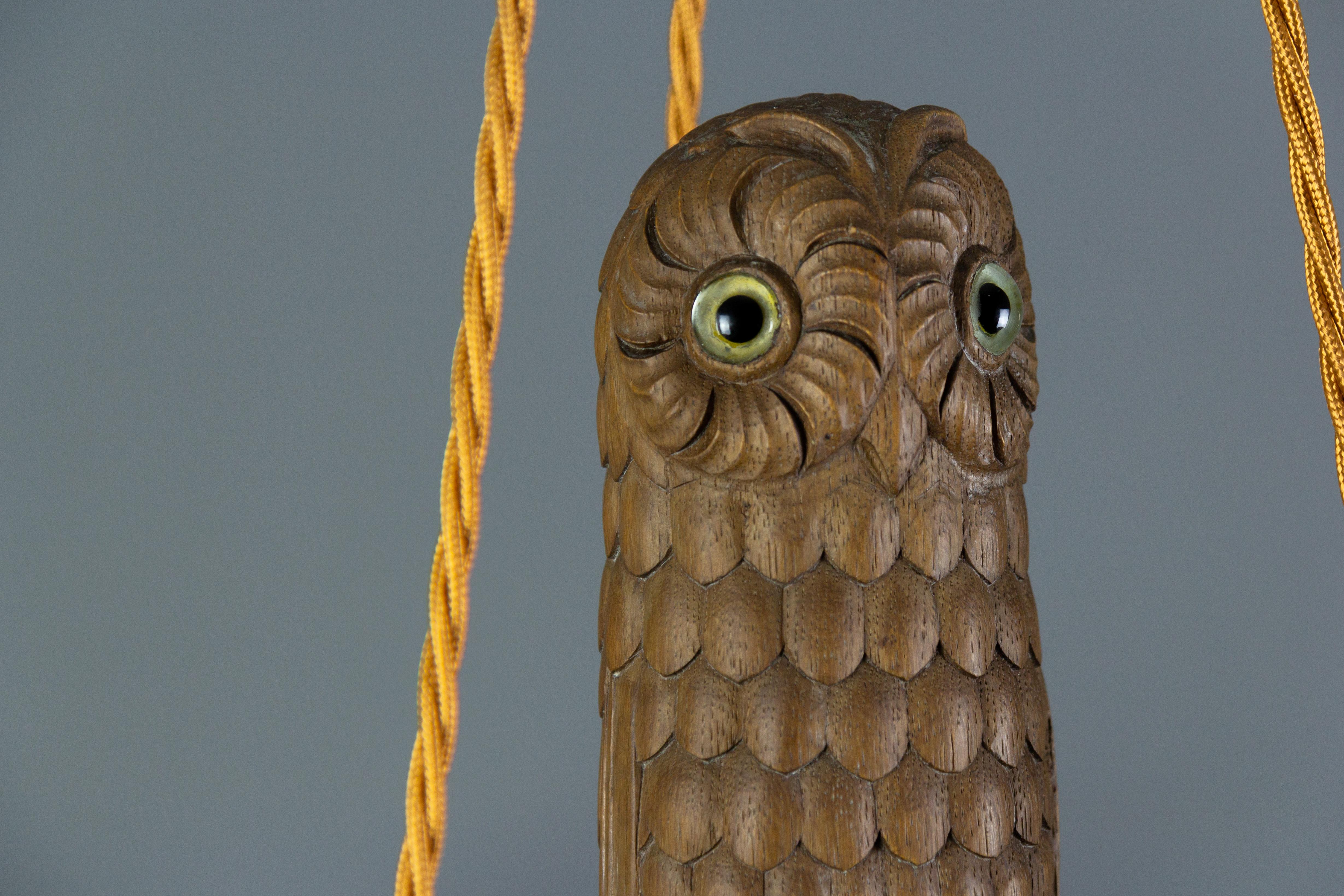 Hand Carved Wooden and Alabaster Four-Light Chandelier with Owl Figure, Germany 5