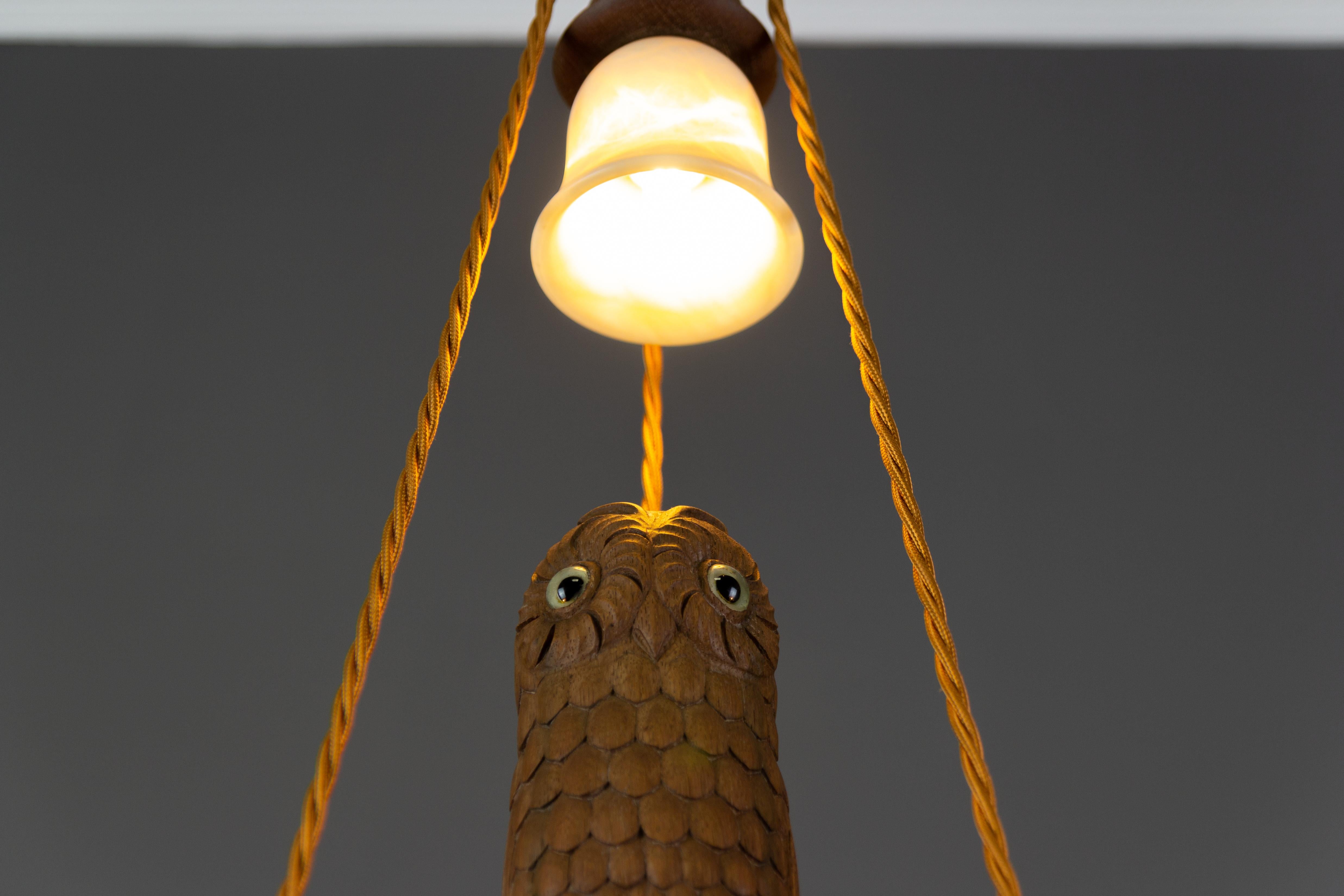 Hand Carved Wooden and Alabaster Four-Light Chandelier with Owl Figure, Germany 6