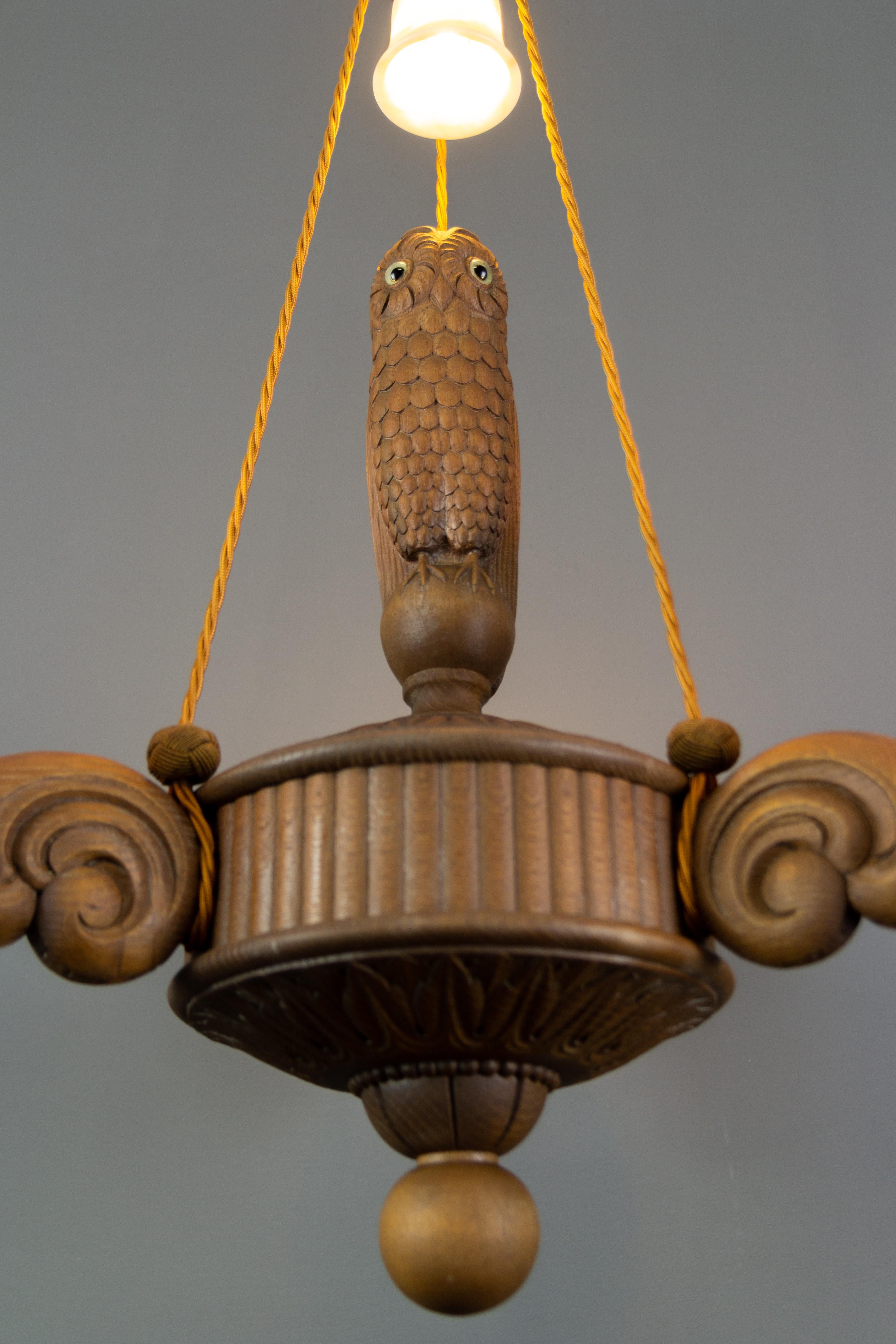 Hand Carved Wooden and Alabaster Four-Light Chandelier with Owl Figure, Germany 11