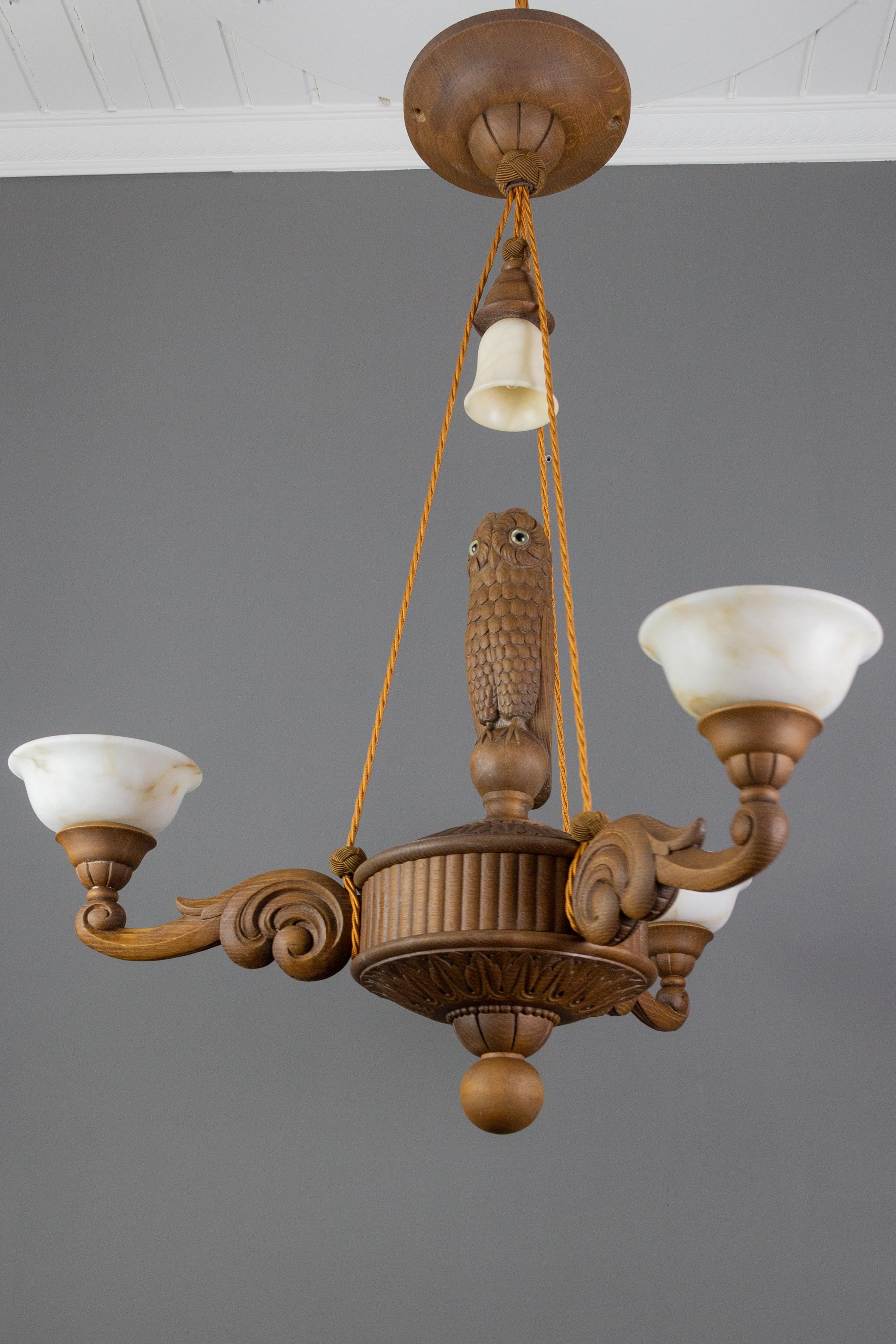 Hand Carved Wooden and Alabaster Four-Light Chandelier with Owl Figure, Germany 12