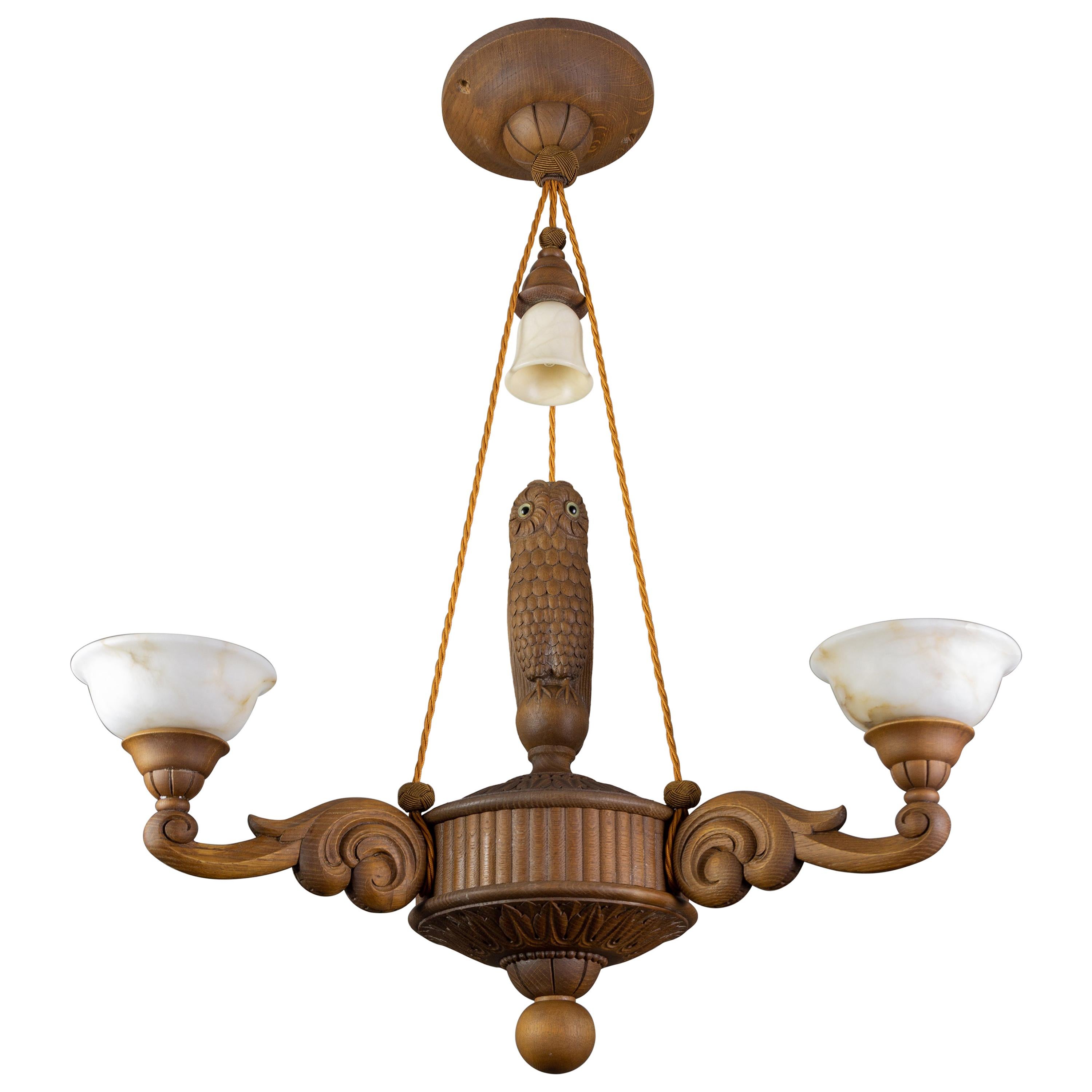 Hand Carved Wooden and Alabaster Four-Light Chandelier with Owl Figure, Germany