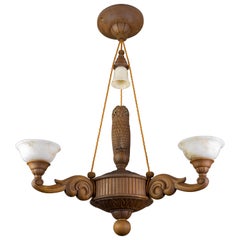 Vintage Hand Carved Wooden and Alabaster Four-Light Chandelier with Owl Figure, Germany