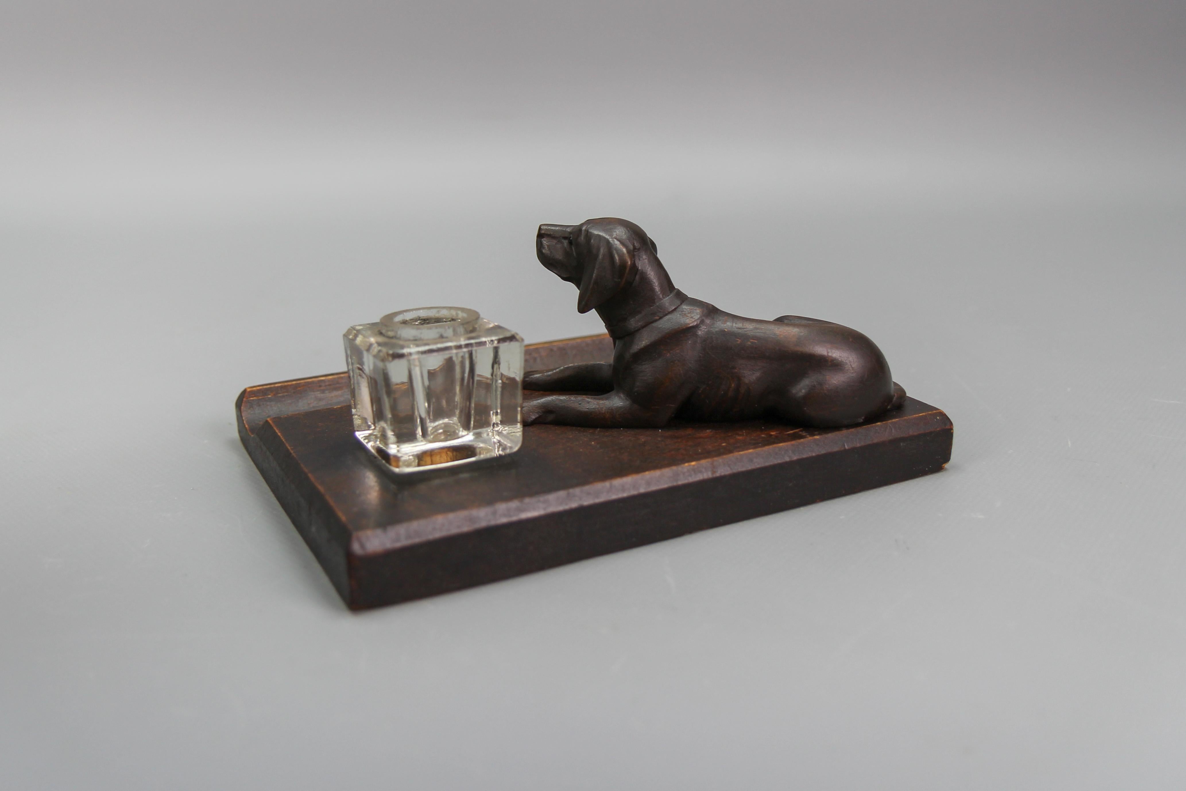 Hand-Carved Wooden and Glass Inkwell with Dog Figure, 1920s For Sale 4