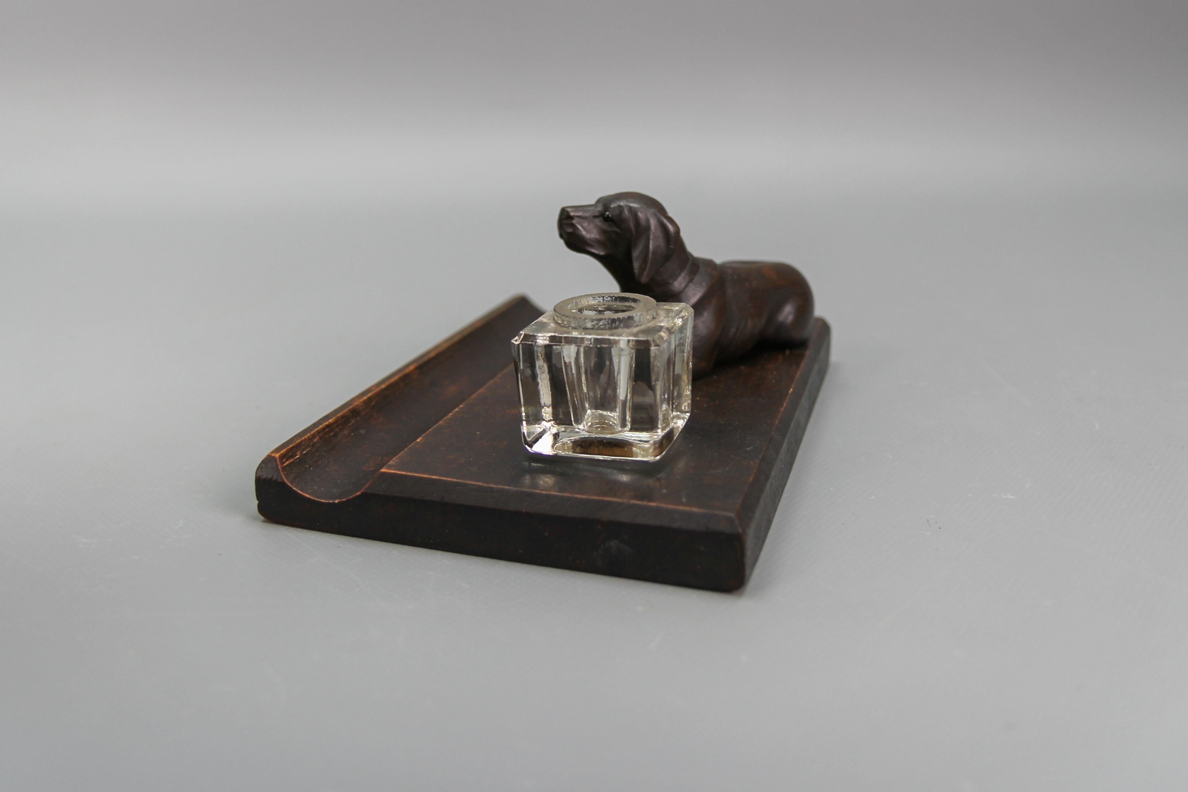 Hand-Carved Wooden and Glass Inkwell with Dog Figure, 1920s For Sale 5