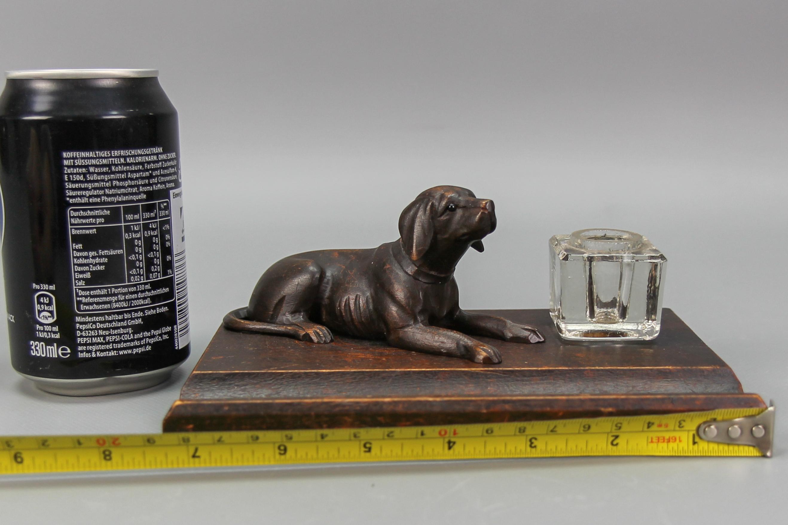 Hand-Carved Wooden and Glass Inkwell with Dog Figure, 1920s For Sale 8
