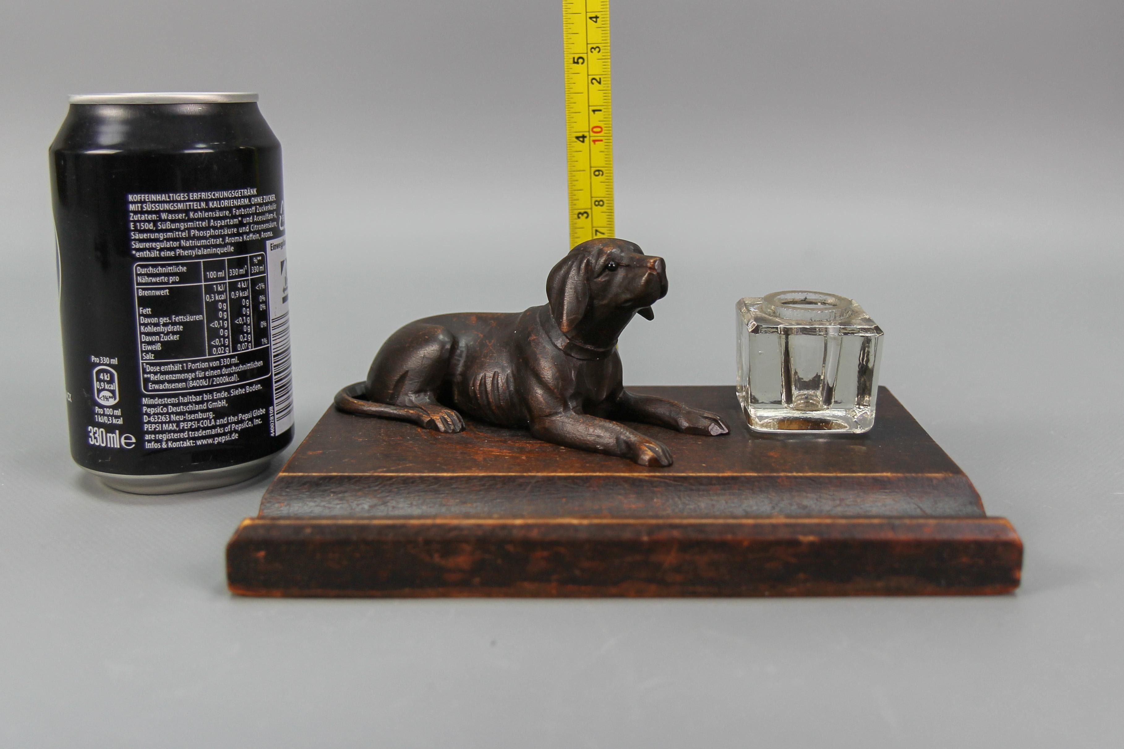 Hand-Carved Wooden and Glass Inkwell with Dog Figure, 1920s For Sale 9