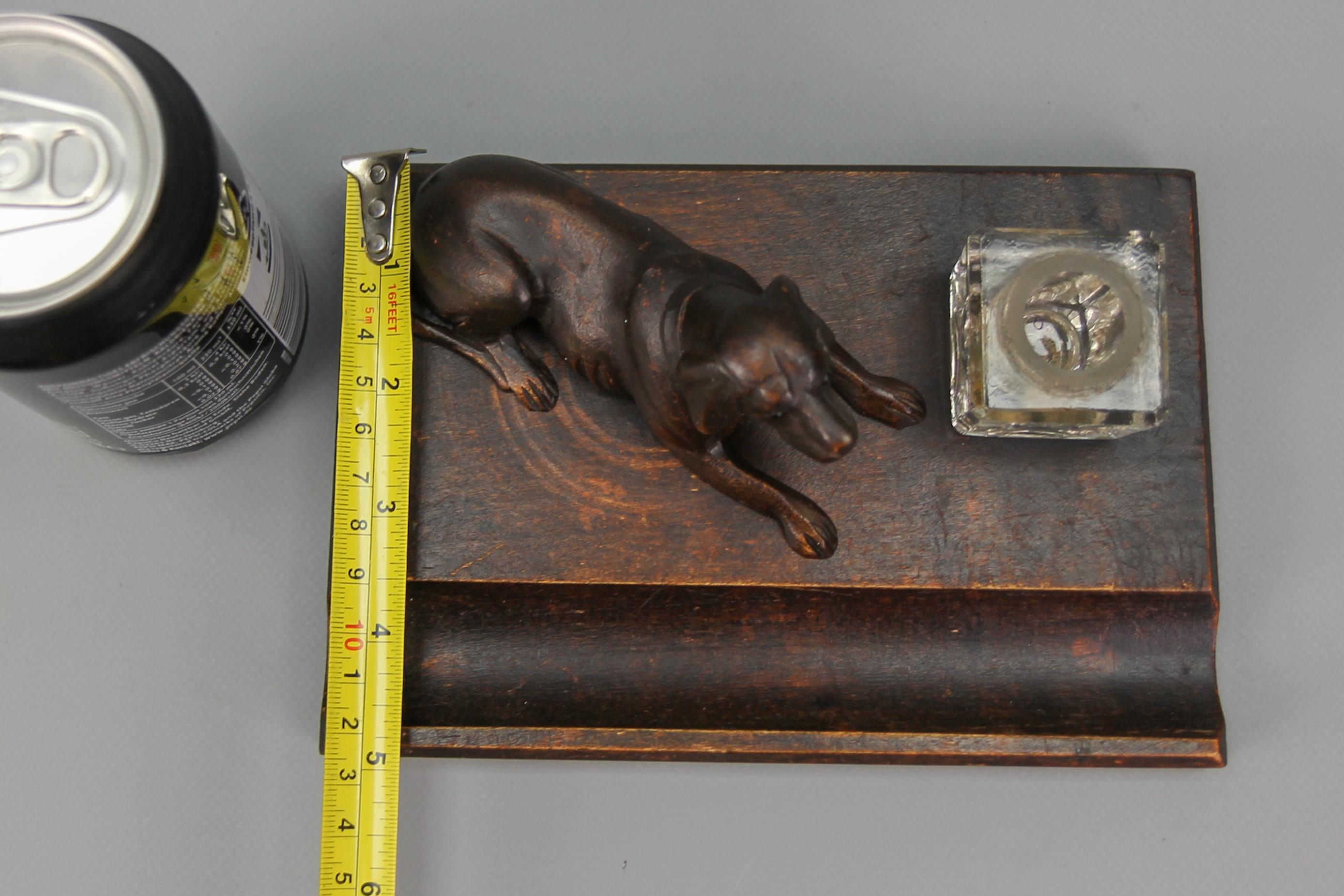 Hand-Carved Wooden and Glass Inkwell with Dog Figure, 1920s For Sale 10