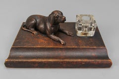 Hand-Carved Wooden and Glass Inkwell with Dog Figure, 1920s