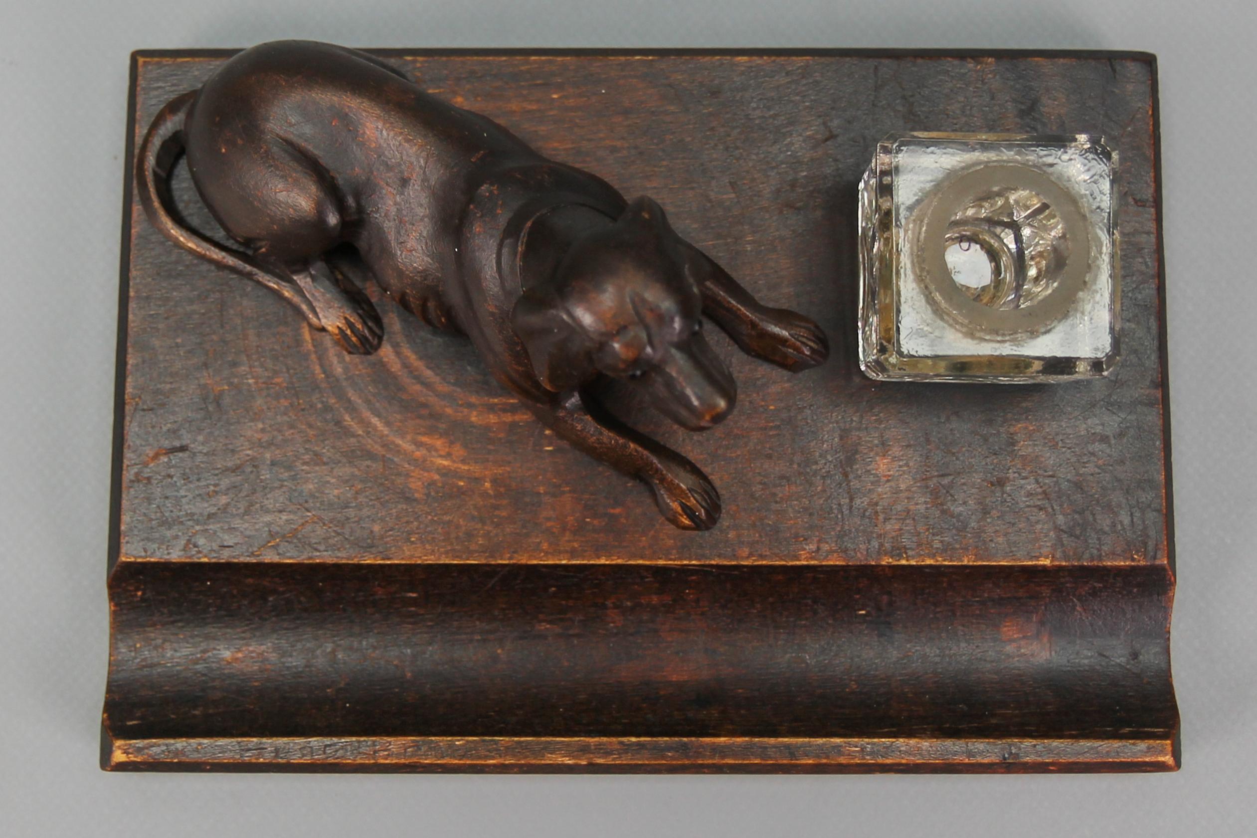 Swiss Hand-Carved Wooden and Glass Inkwell with Dog Figure, 1920s For Sale