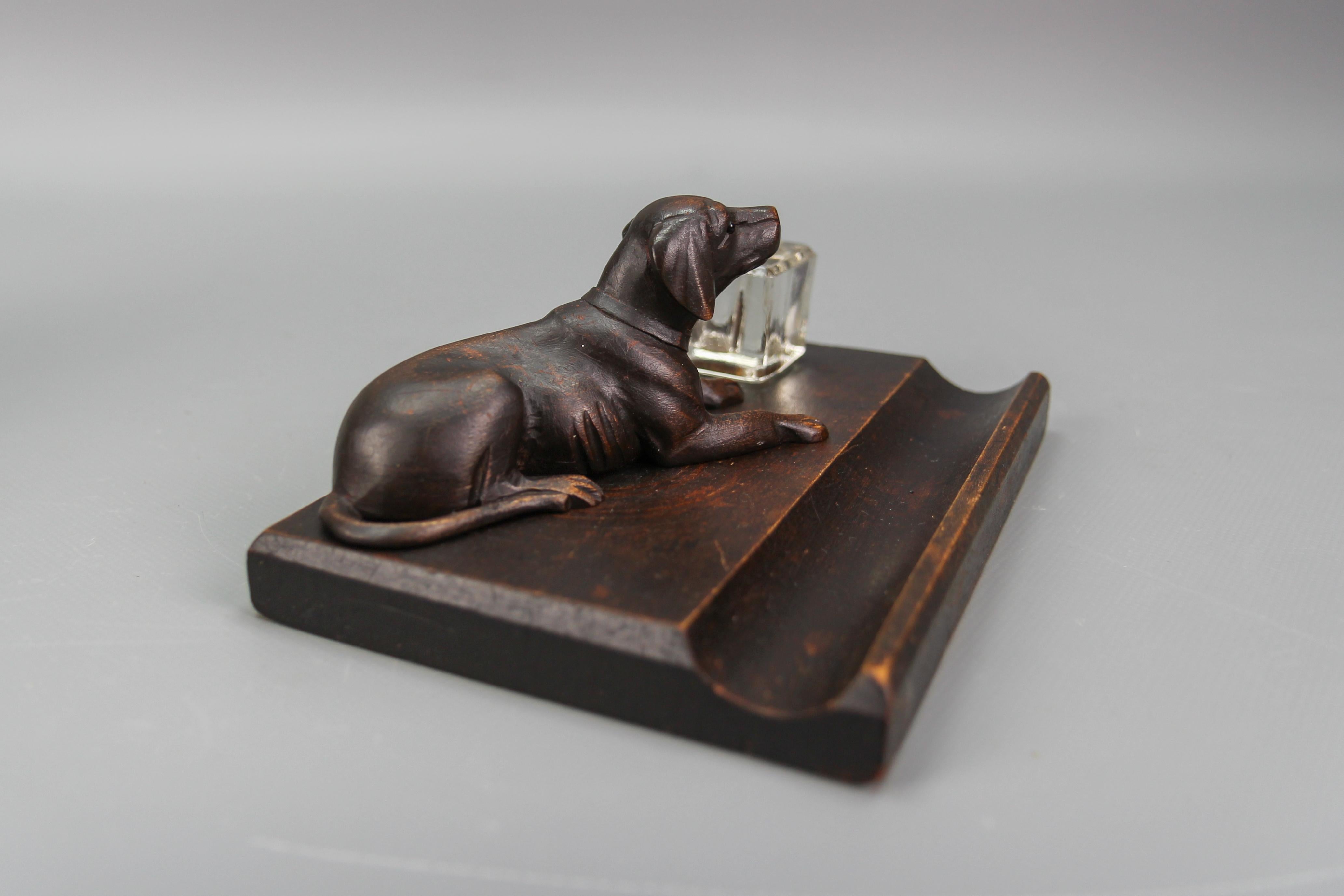 Hand-Carved Wooden and Glass Inkwell with Dog Figure, 1920s For Sale 1