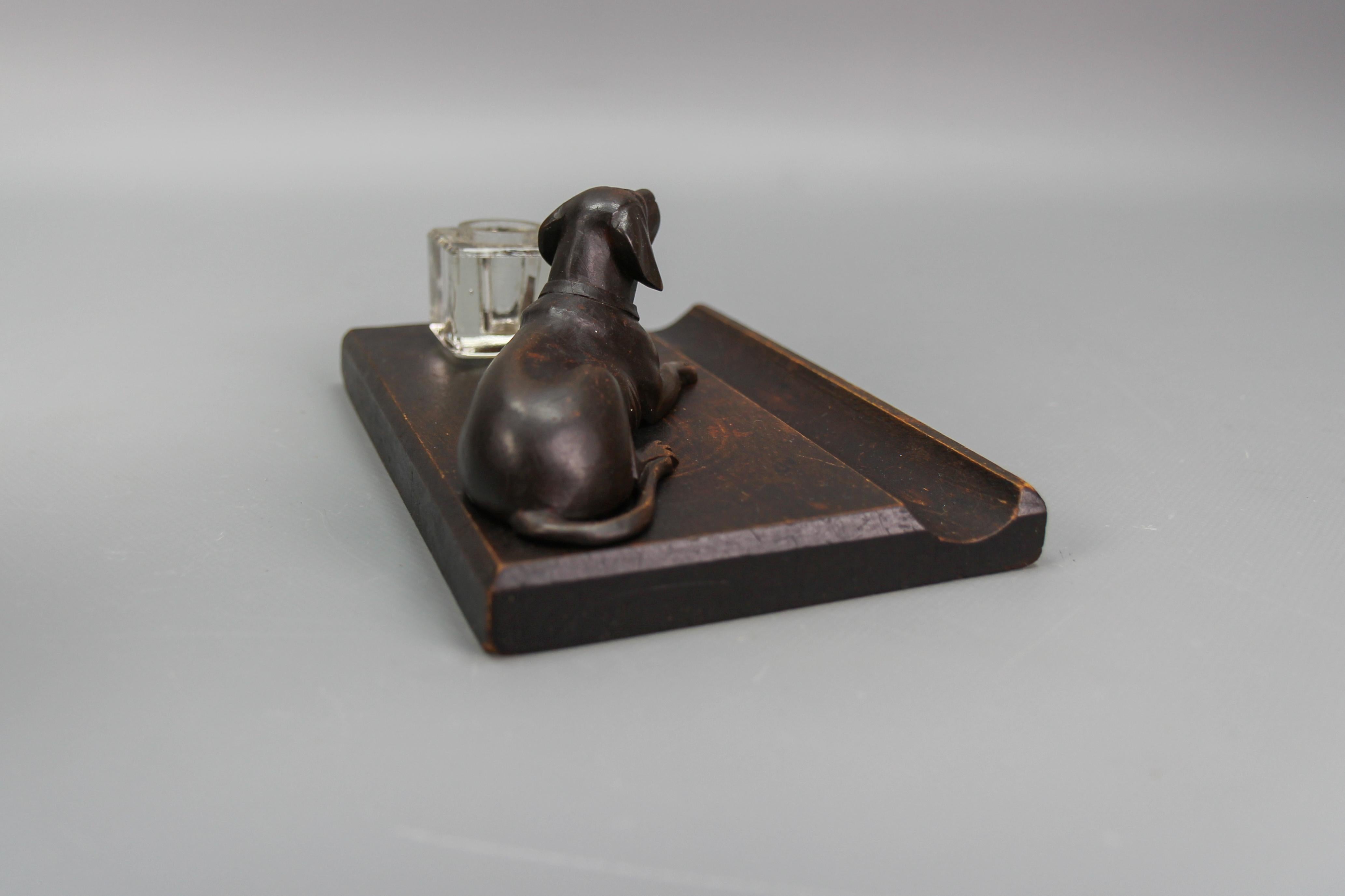 Hand-Carved Wooden and Glass Inkwell with Dog Figure, 1920s For Sale 2