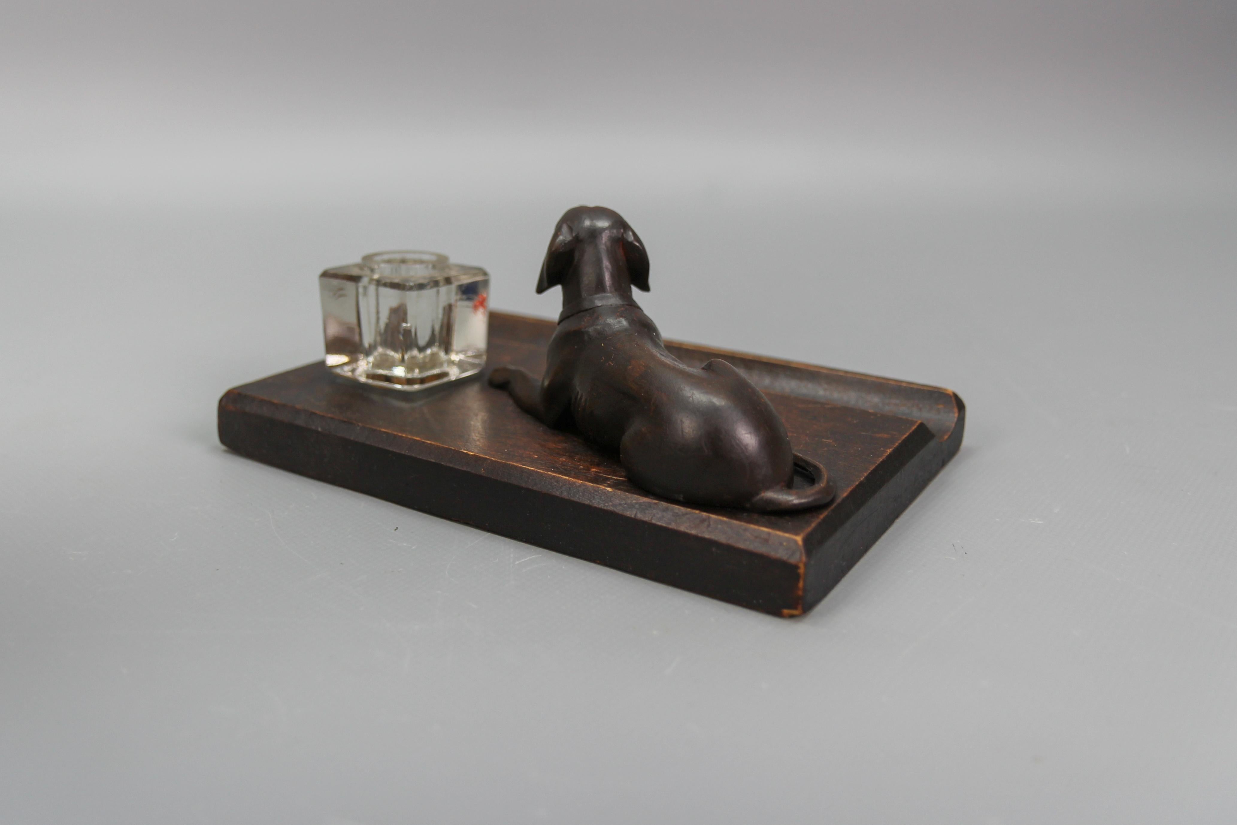 Hand-Carved Wooden and Glass Inkwell with Dog Figure, 1920s For Sale 3