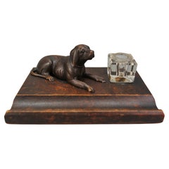 Hand-Carved Wooden and Glass Inkwell with Dog Figure, 1920s