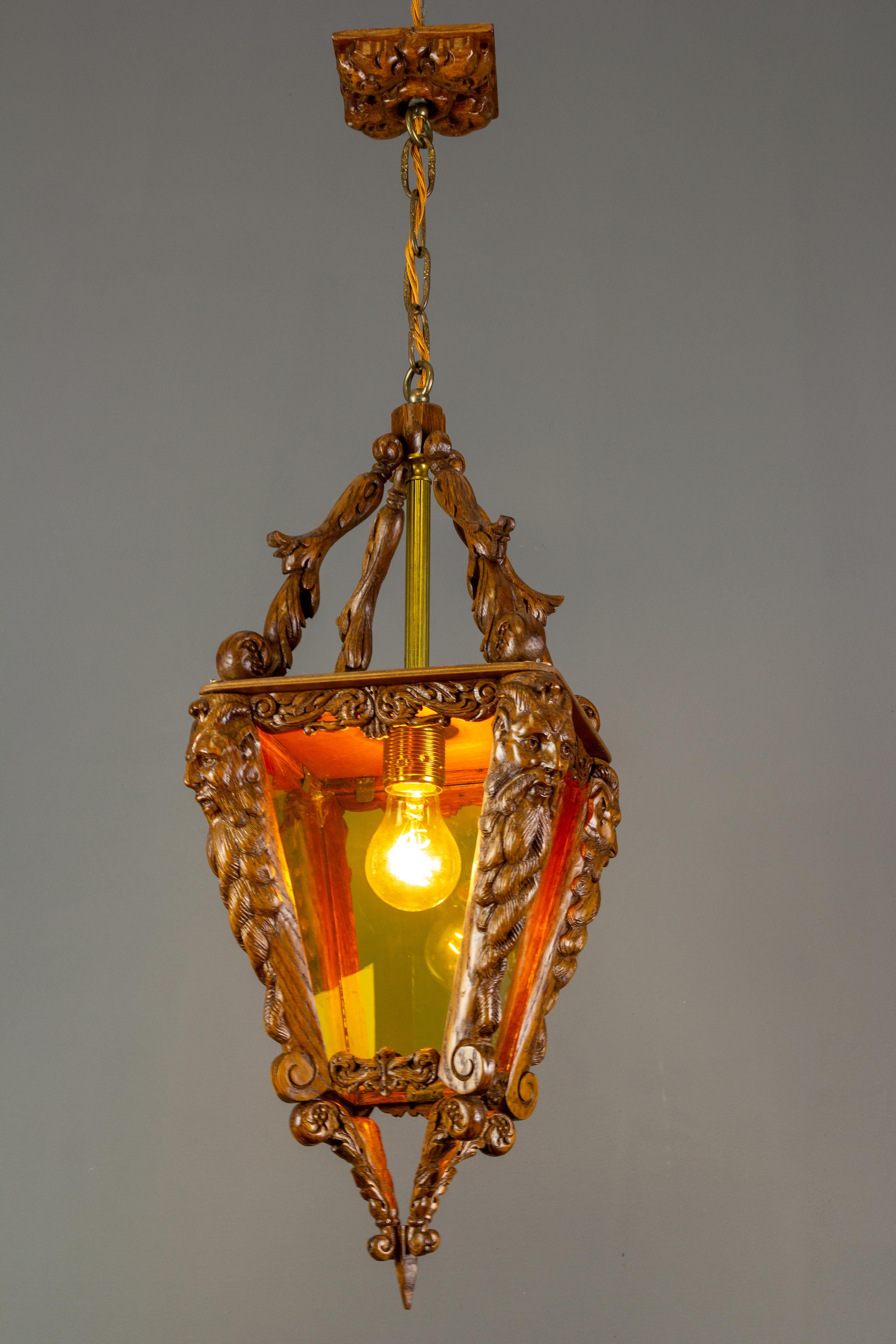 Arts and Crafts Hand Carved Wooden and Yellow Glass One-Light Lantern For Sale