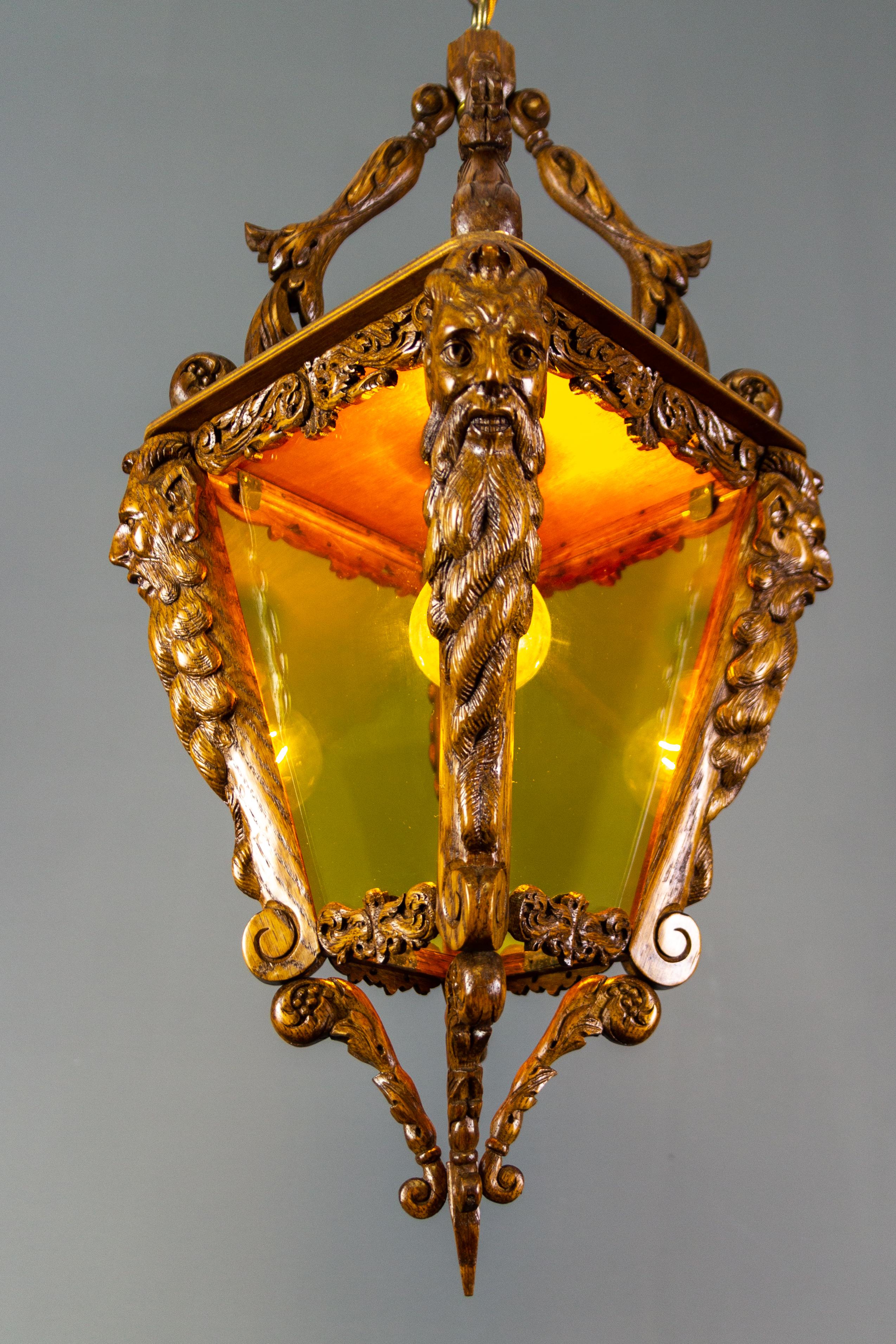 Belgian Hand Carved Wooden and Yellow Glass One-Light Lantern For Sale