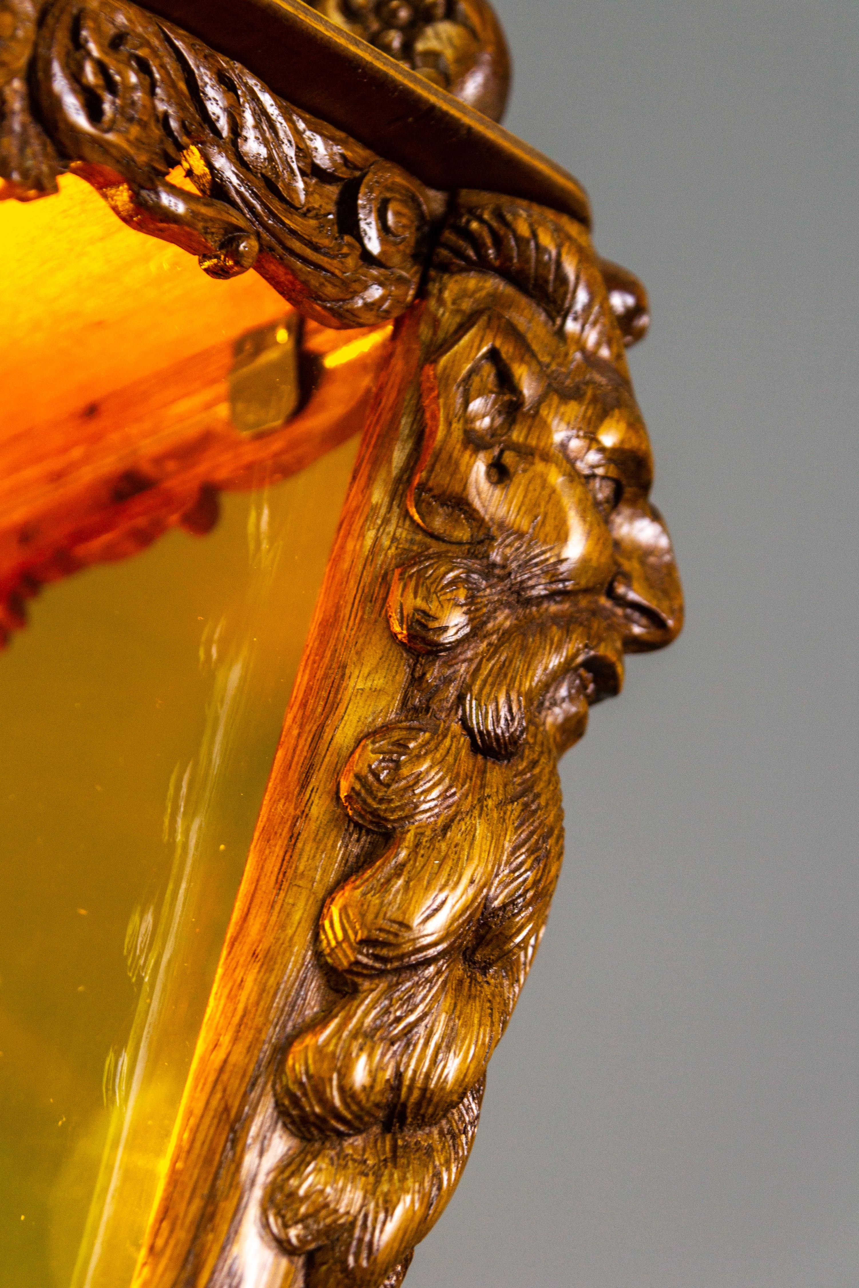 Hand Carved Wooden and Yellow Glass One-Light Lantern In Good Condition For Sale In Barntrup, DE