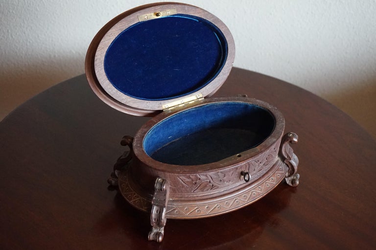 European Hand Carved Wooden Antique Black Forest Jewelry Box With Blue Velvet Interior For Sale