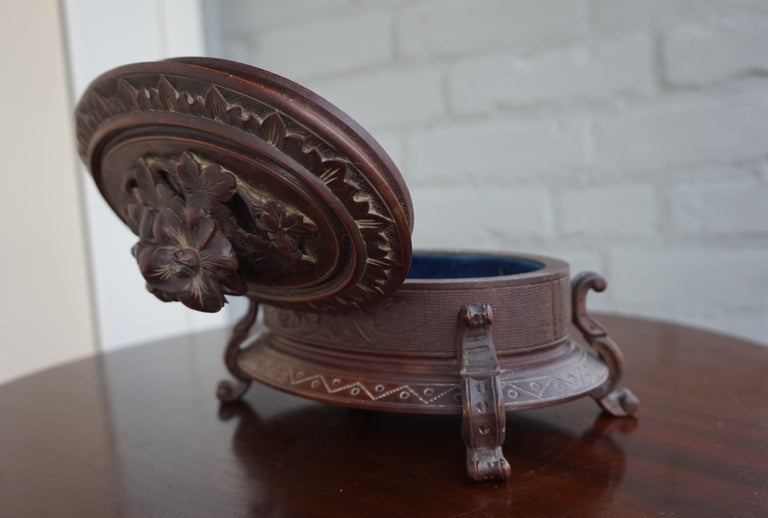 Brass Hand Carved Wooden Antique Black Forest Jewelry Box With Blue Velvet Interior For Sale