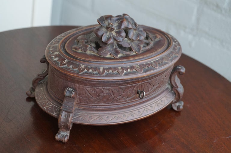 Hand Carved Wooden Antique Black Forest Jewelry Box With Blue Velvet Interior For Sale 2