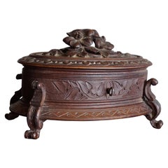 Hand Carved Wooden Antique Black Forest Jewelry Box With Blue Velvet Interior