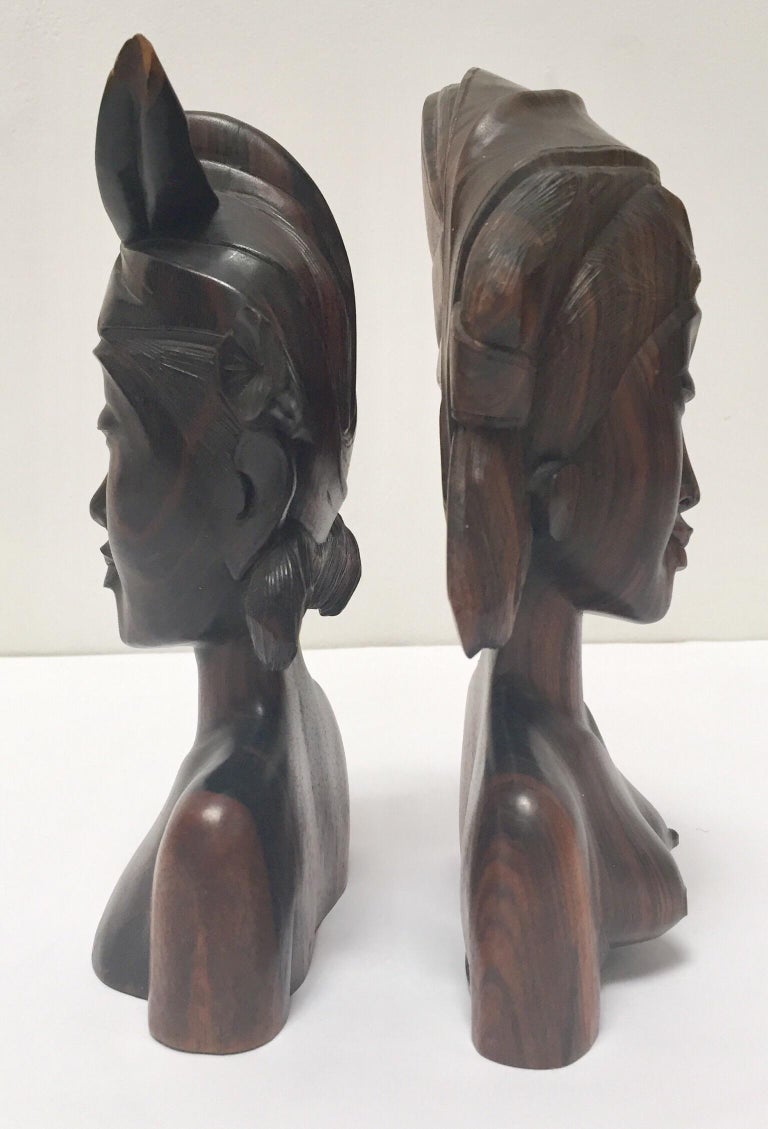 Tribal Hand Carved Wooden Balinese Busts Bookends For Sale